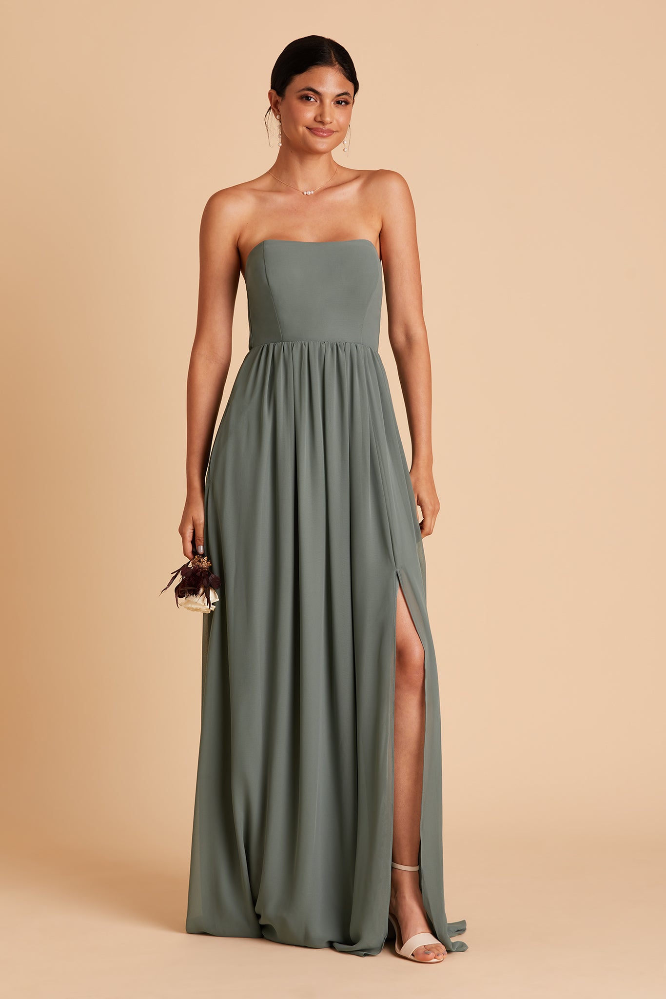 August bridesmaid dress with slit in sea glass chiffon by Birdy Grey, front view