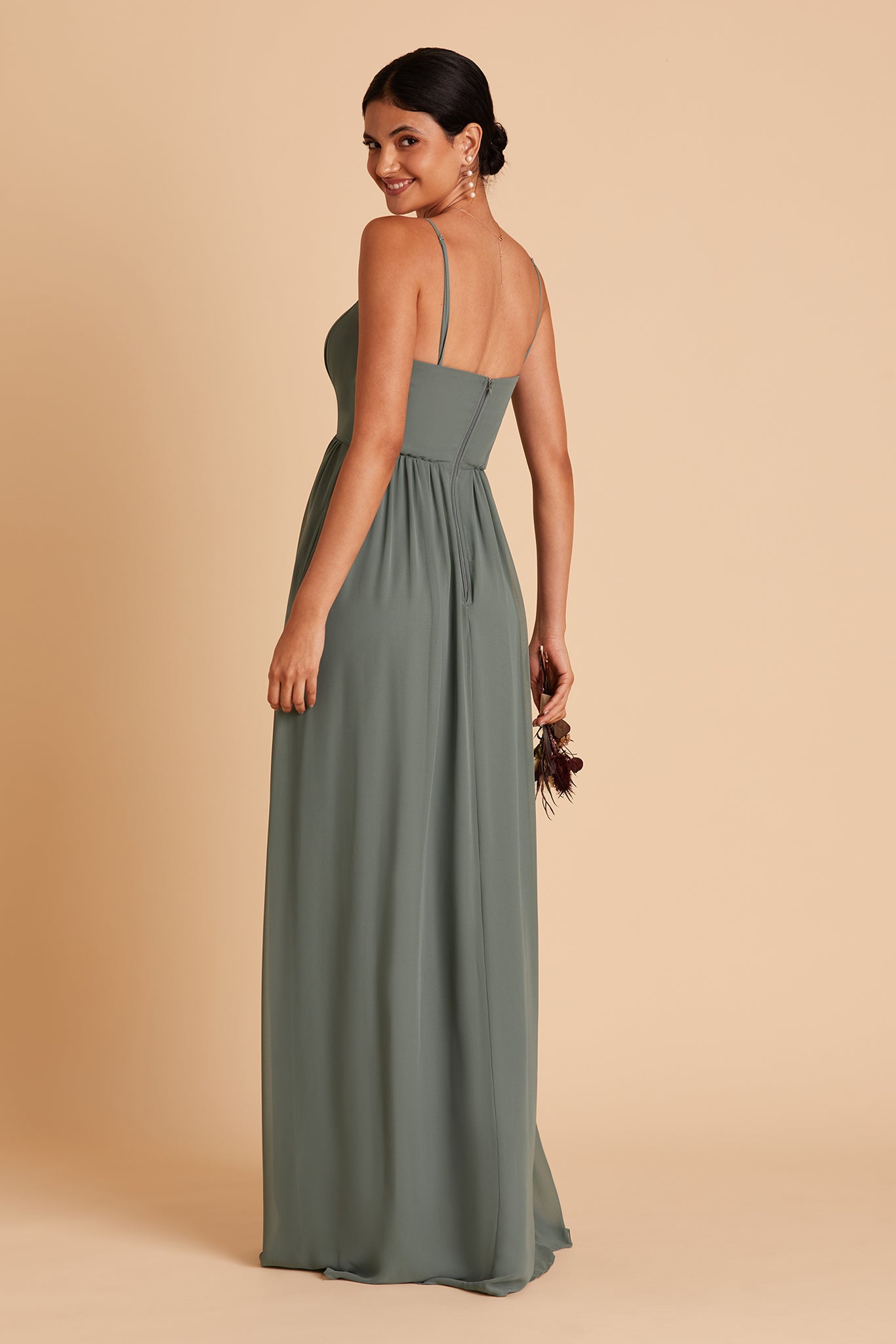 August bridesmaid dress with slit in sea glass chiffon by Birdy Grey, back view