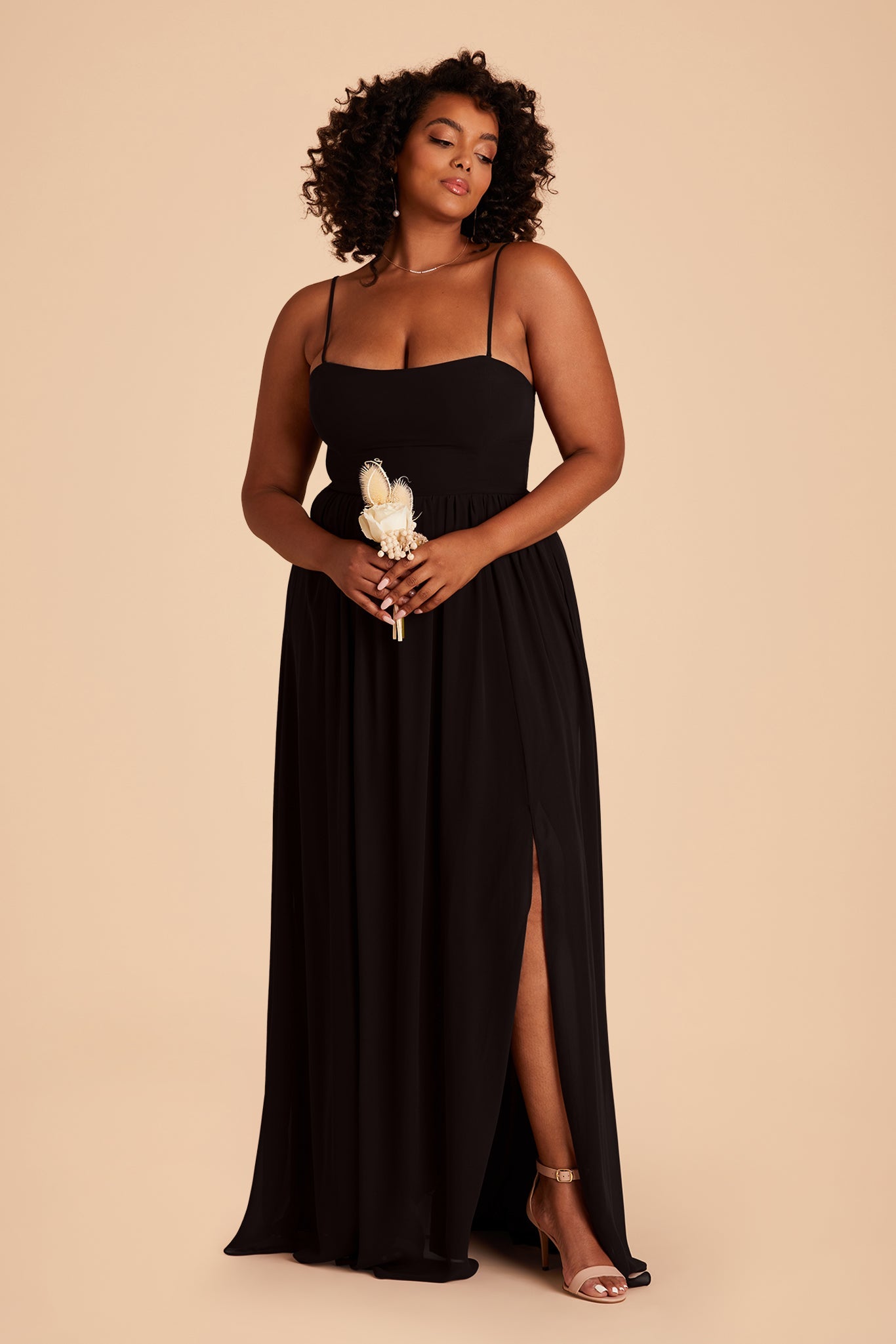 August plus size bridesmaid dress with slit in black chiffon by Birdy Grey, front view