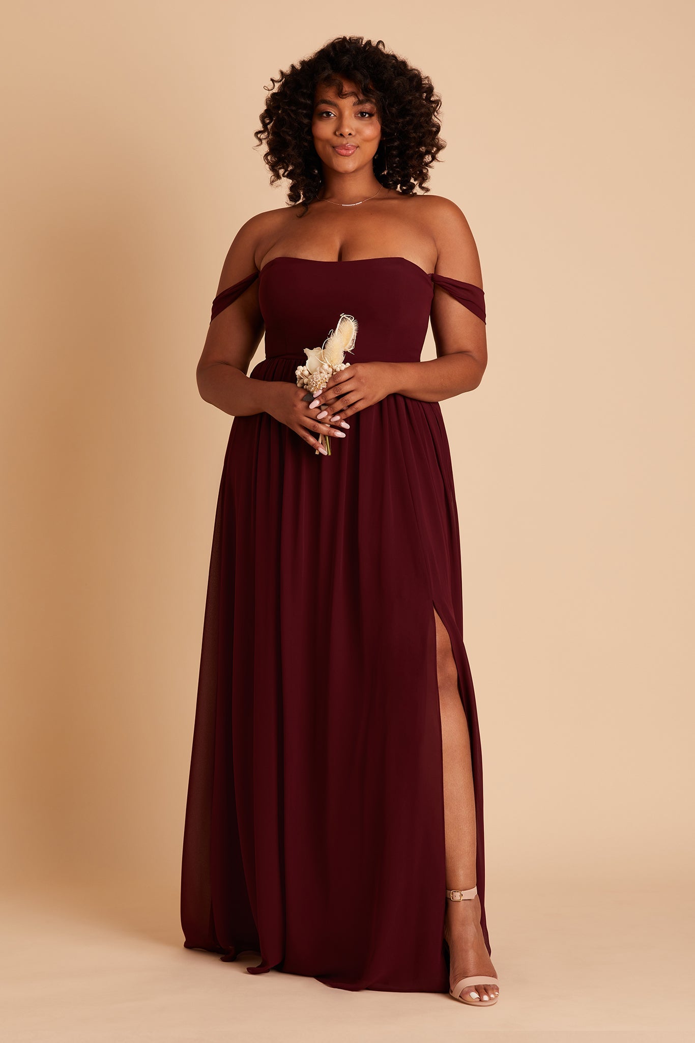 August plus size bridesmaid dress with slit in cabernet chiffon by Birdy Grey, front view
