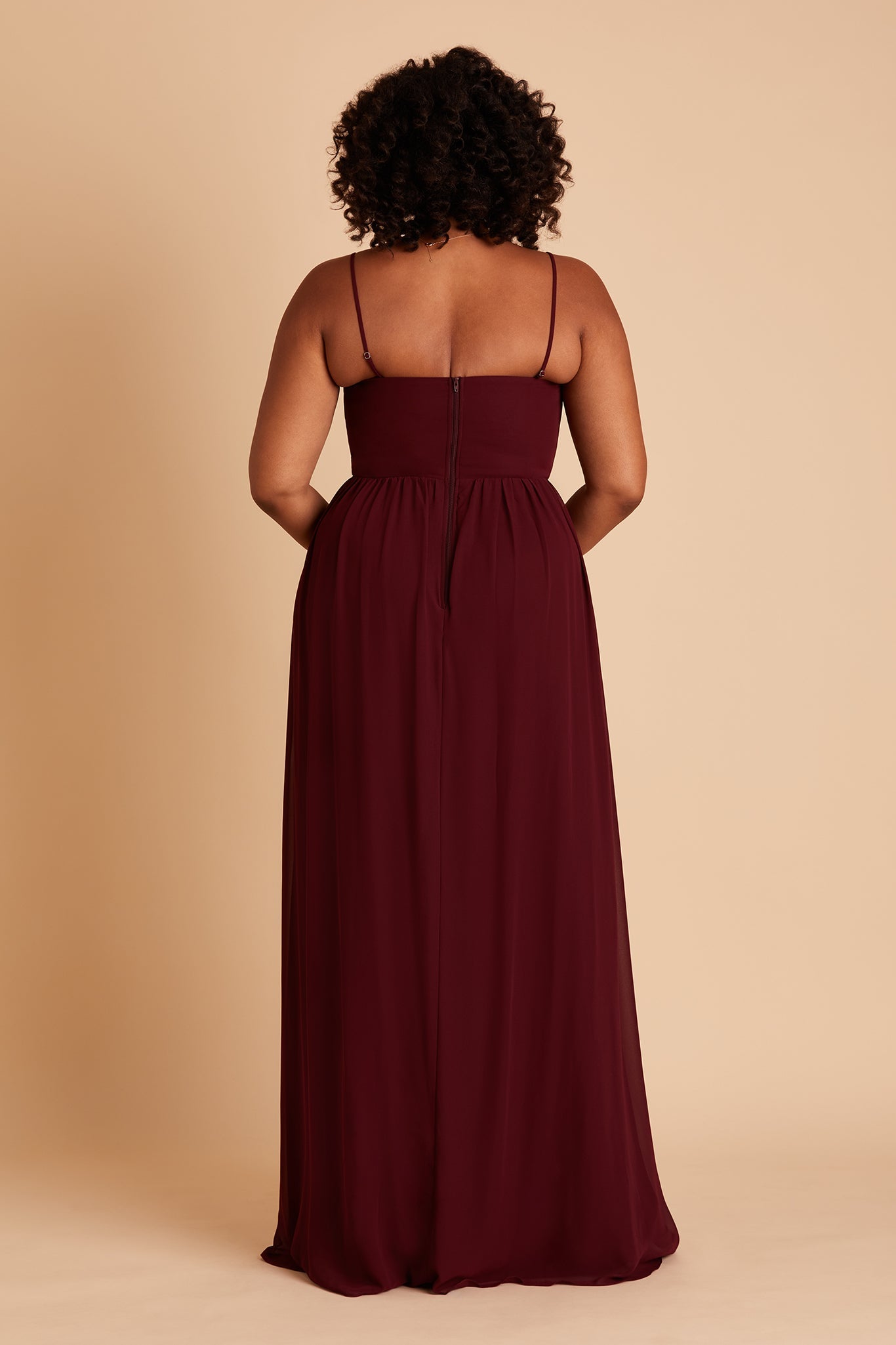 August plus size bridesmaid dress with slit in cabernet chiffon by Birdy Grey, back view