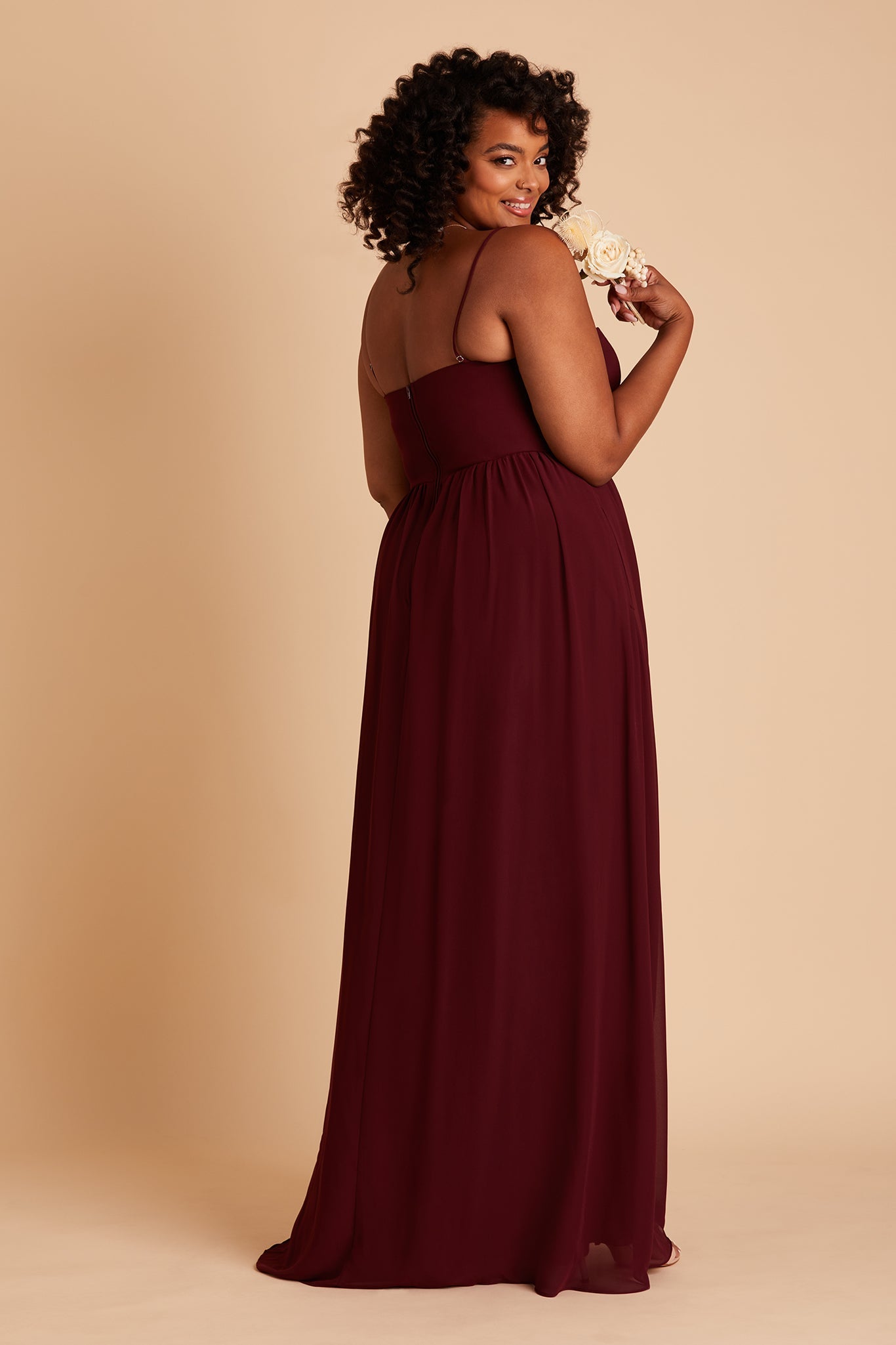 August plus size bridesmaid dress with slit in cabernet chiffon by Birdy Grey, front view