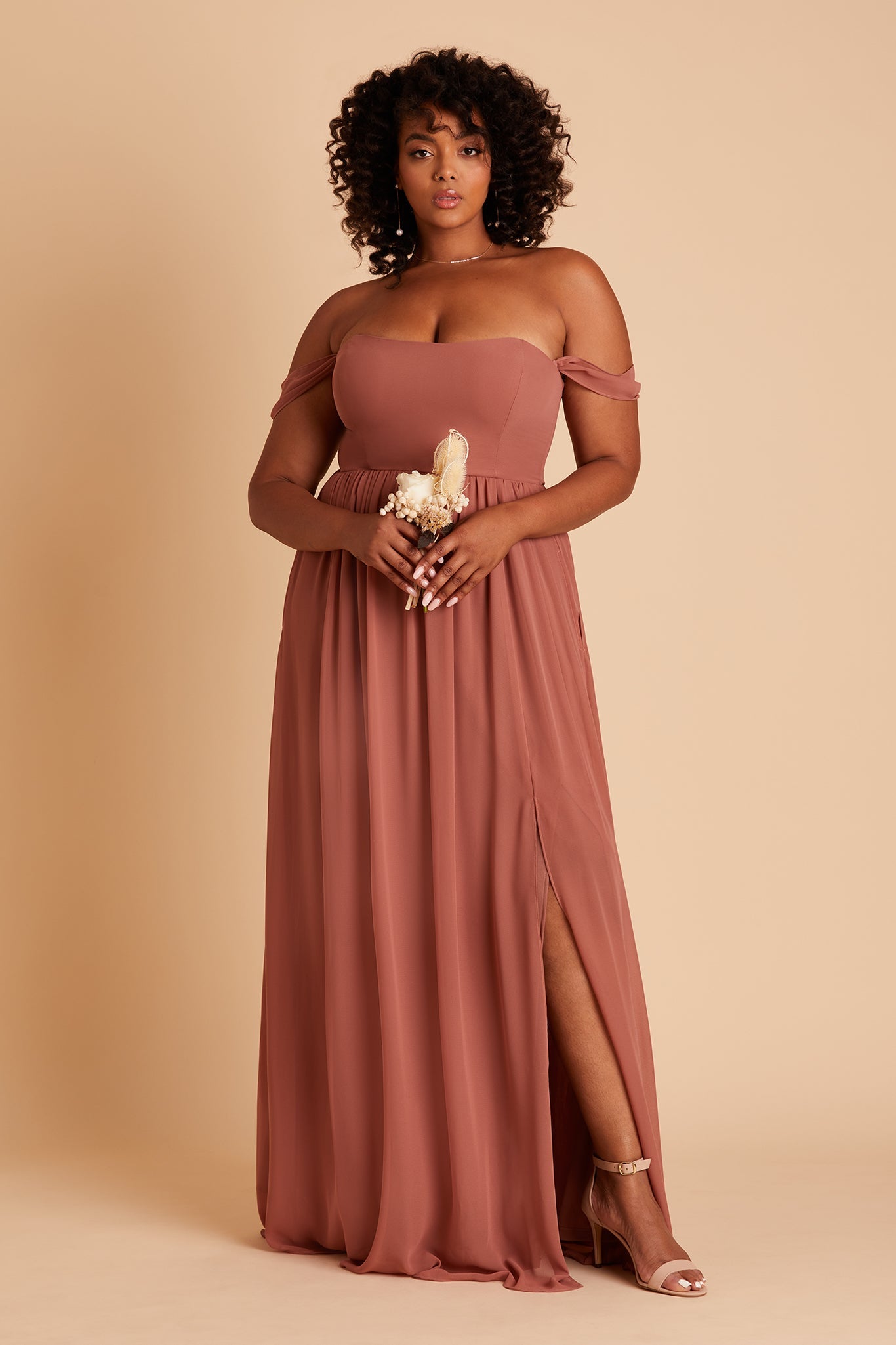 August plus size bridesmaid dress with slit in desert rose chiffon by Birdy Grey, front view