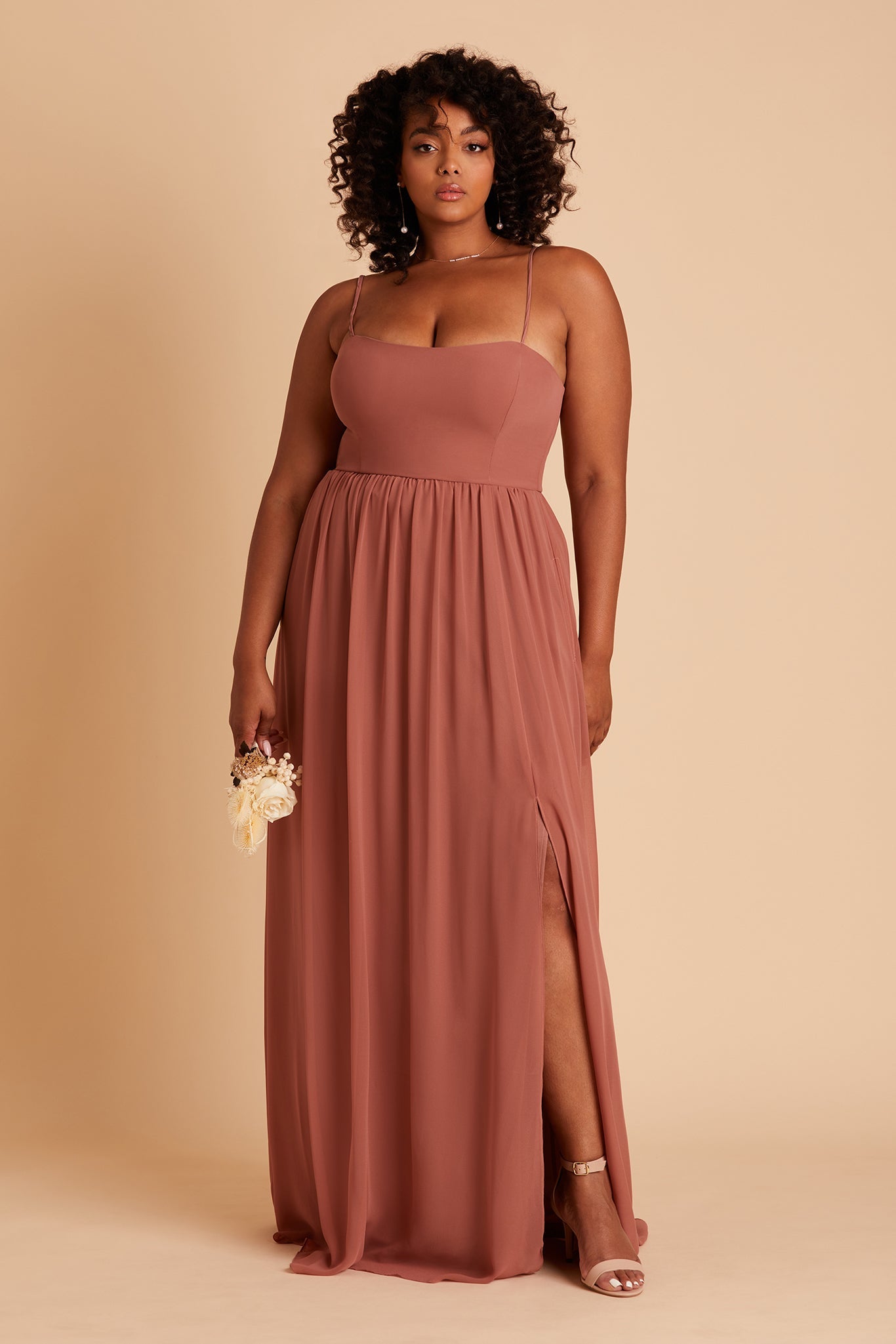 August plus size bridesmaid dress with slit in desert rose chiffon by Birdy Grey, front view