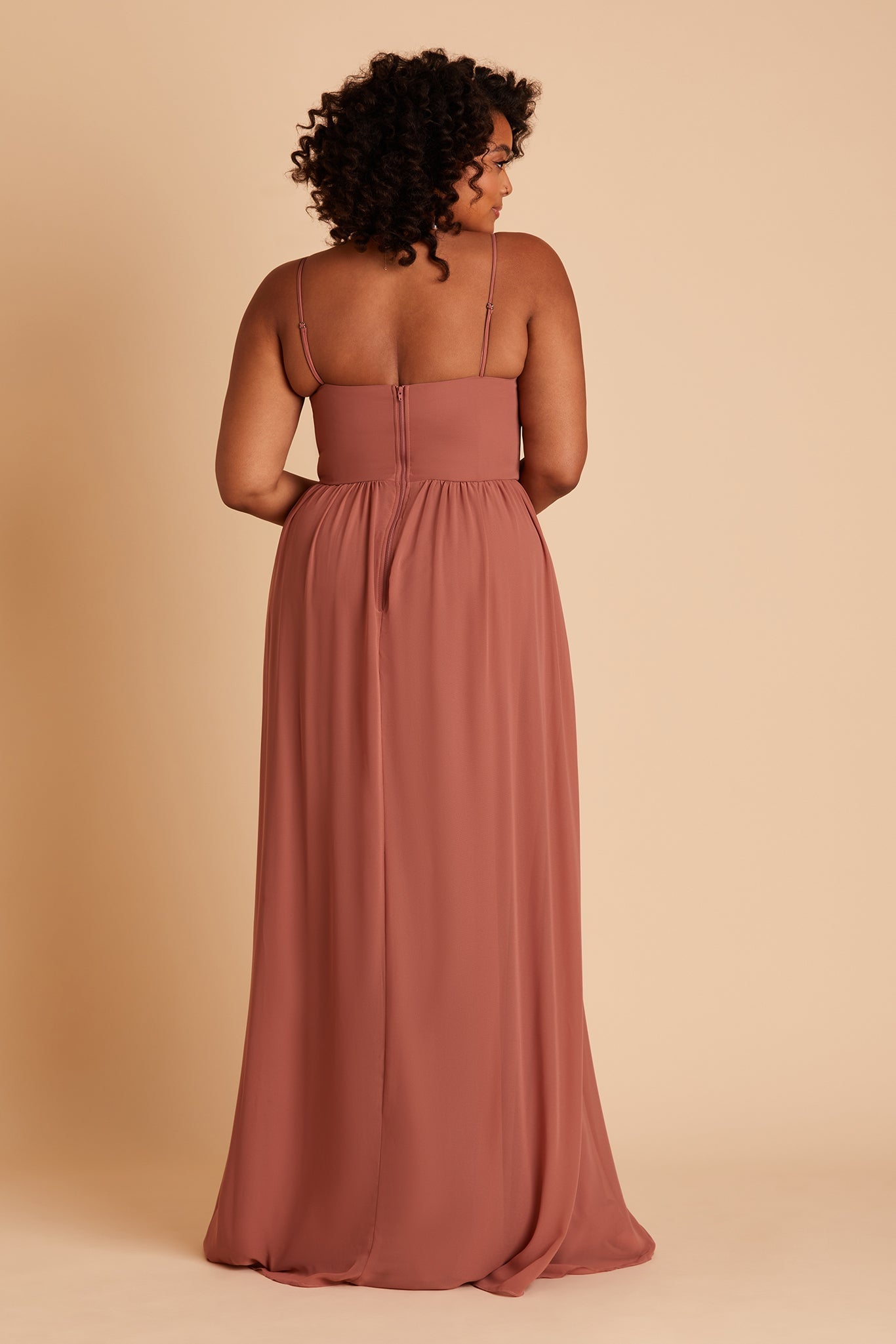 August plus size bridesmaid dress with slit in desert rose chiffon by Birdy Grey, back view
