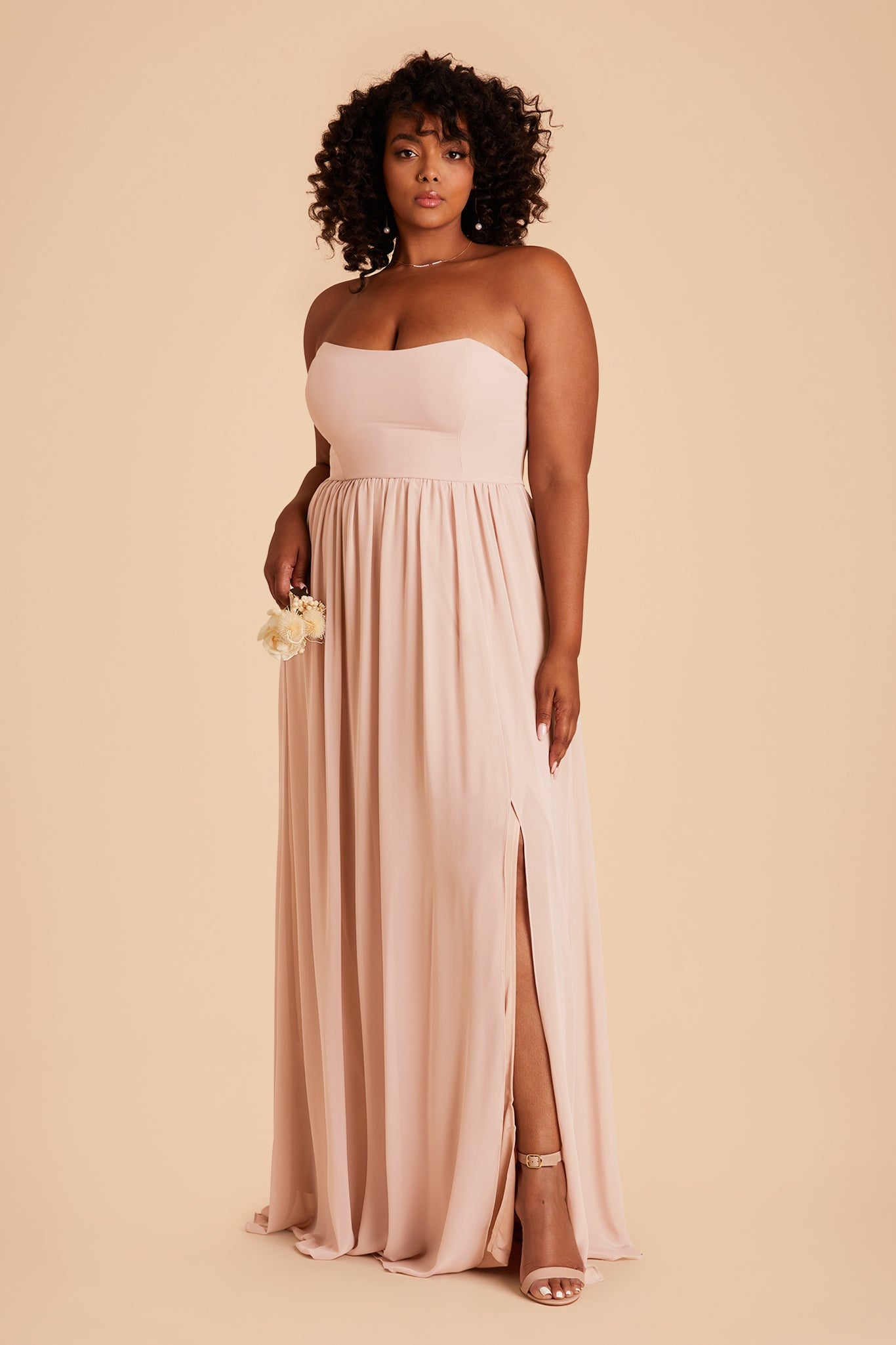 August plus size bridesmaid dress with slit in pale blush chiffon by Birdy Grey, front view
