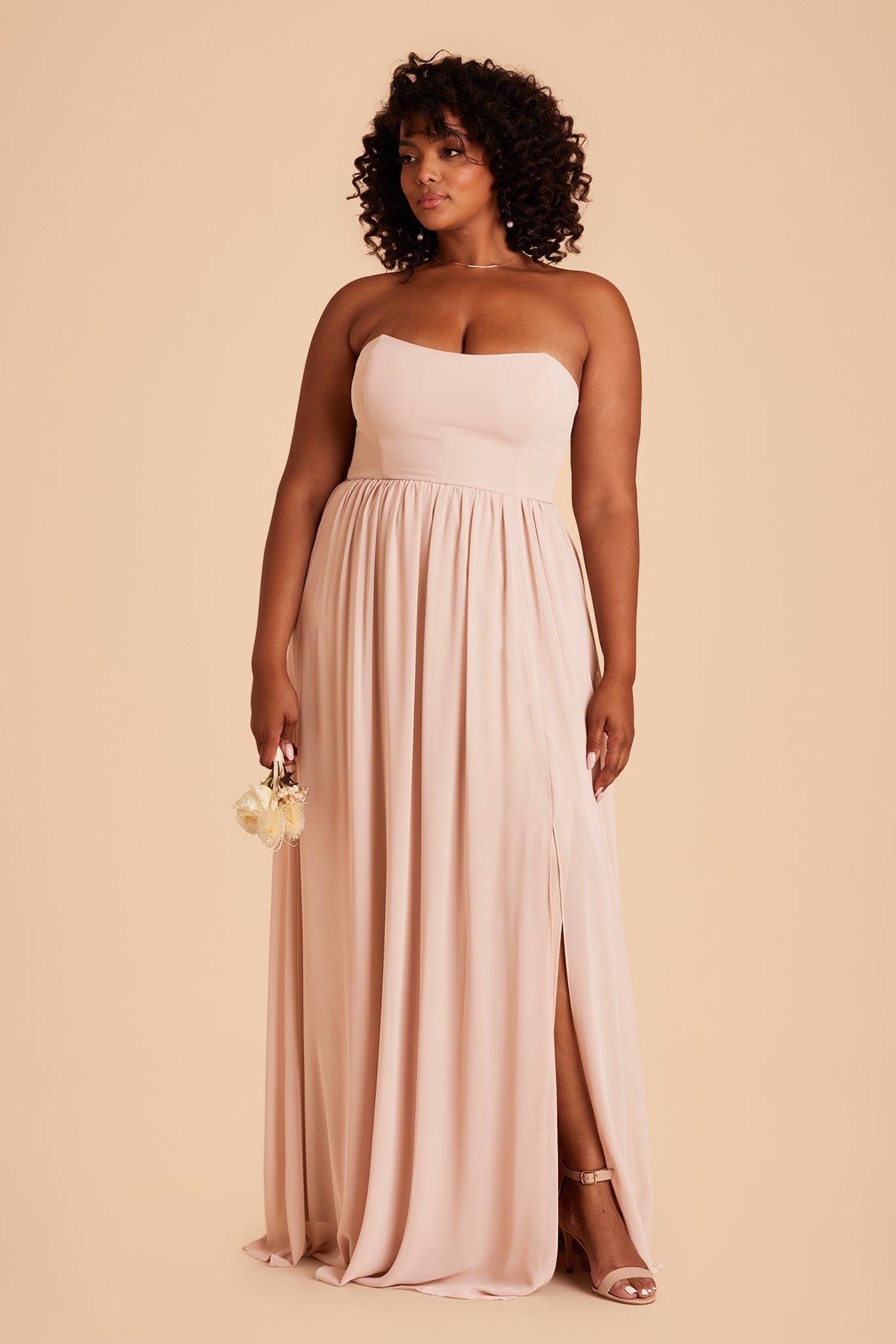 August plus size bridesmaid dress with slit in pale blush chiffon by Birdy Grey, front view