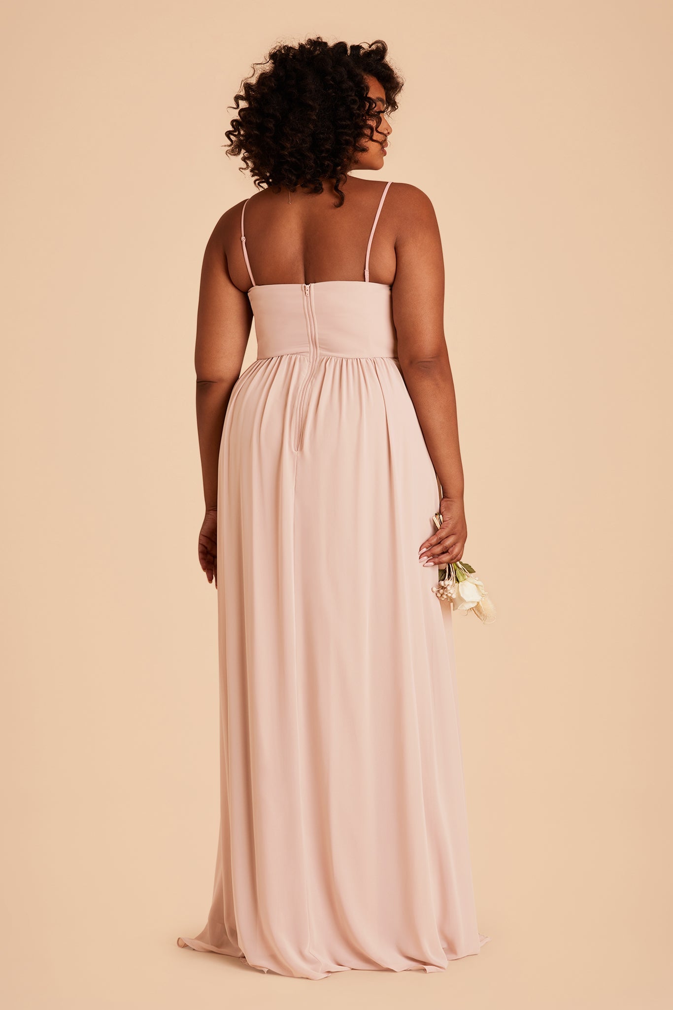 August plus size bridesmaid dress with slit in pale blush chiffon by Birdy Grey, back view