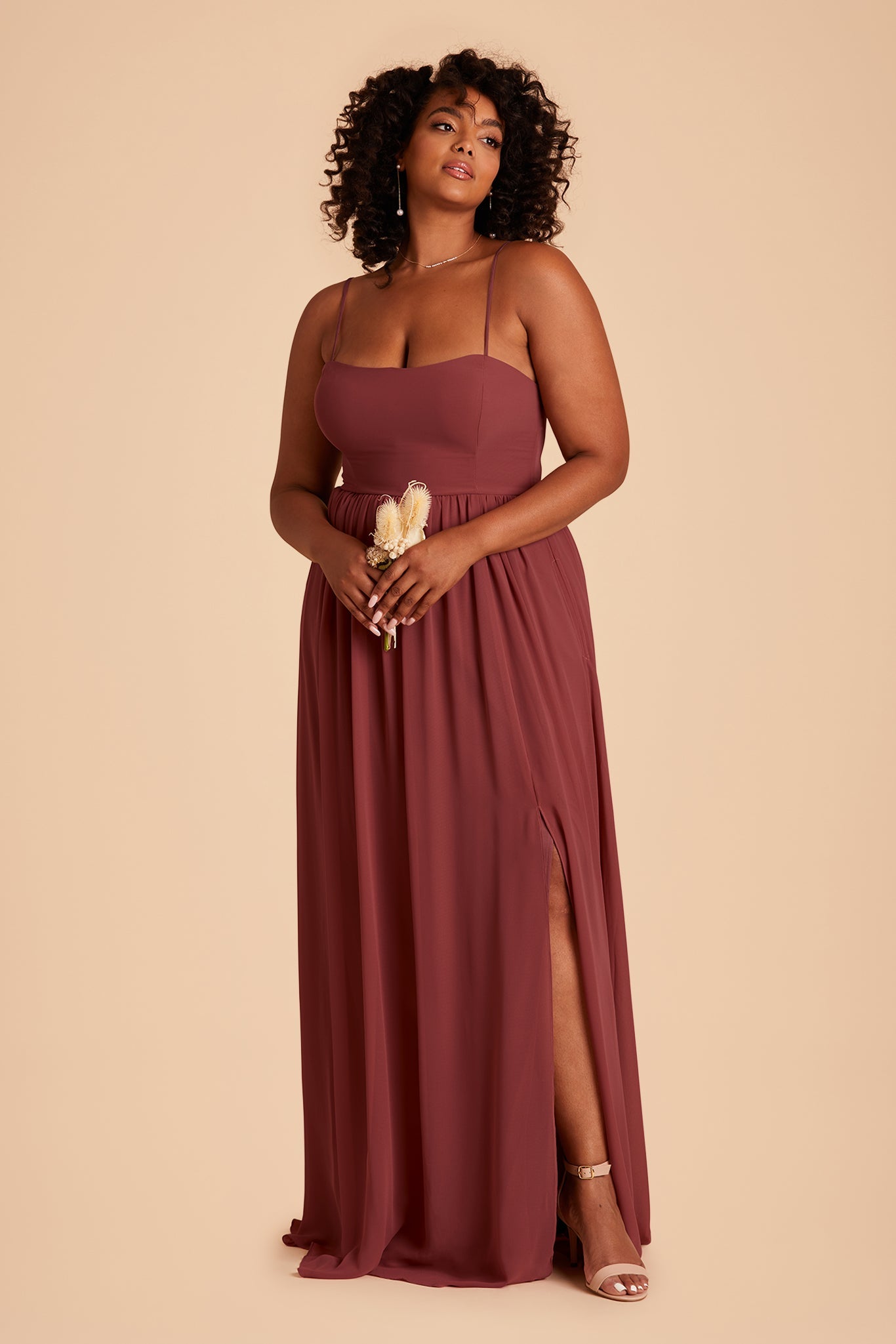 August plus size bridesmaid dress with slit in rosewood chiffon by Birdy Grey, front view