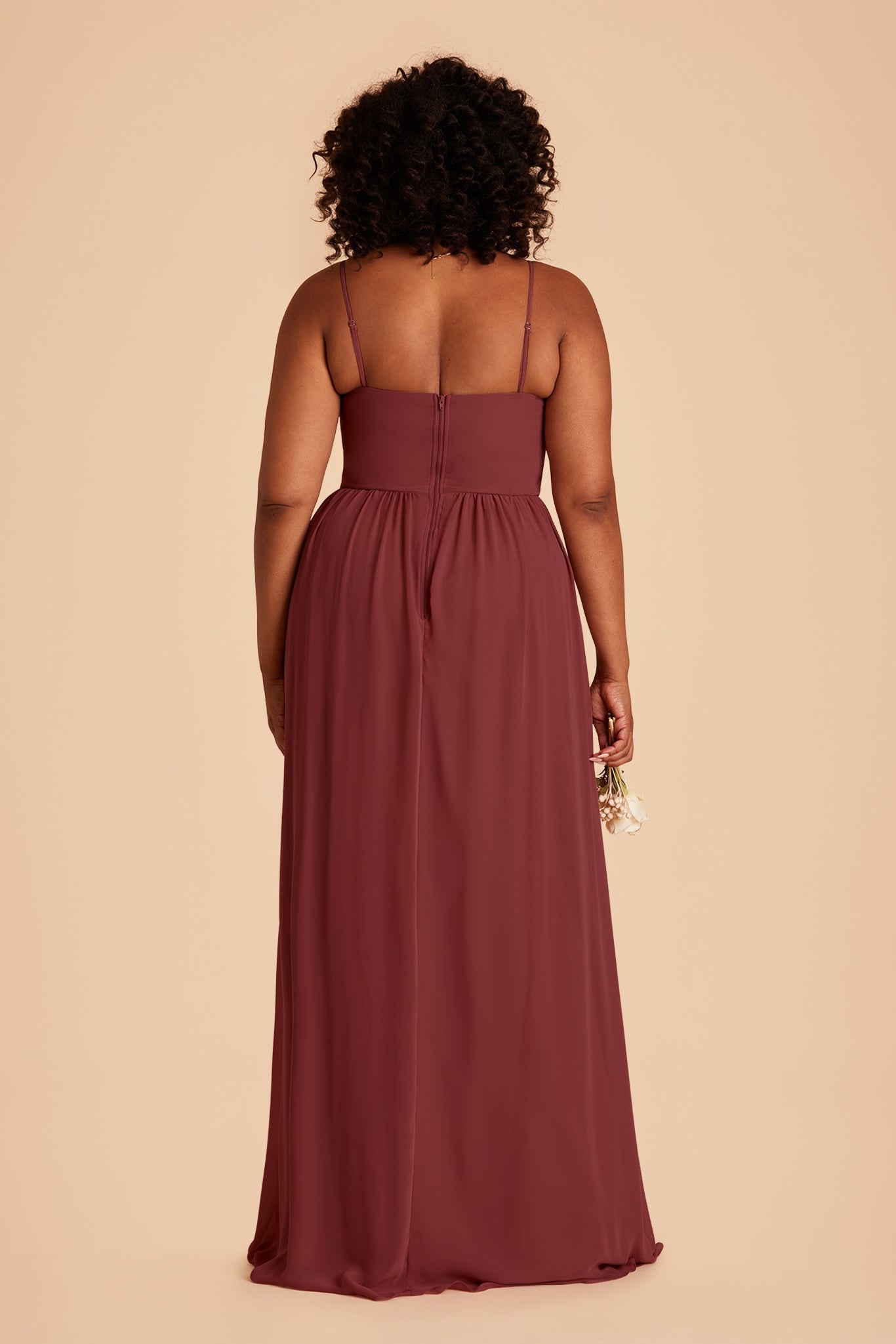 August plus size bridesmaid dress with slit in rosewood chiffon by Birdy Grey, back view