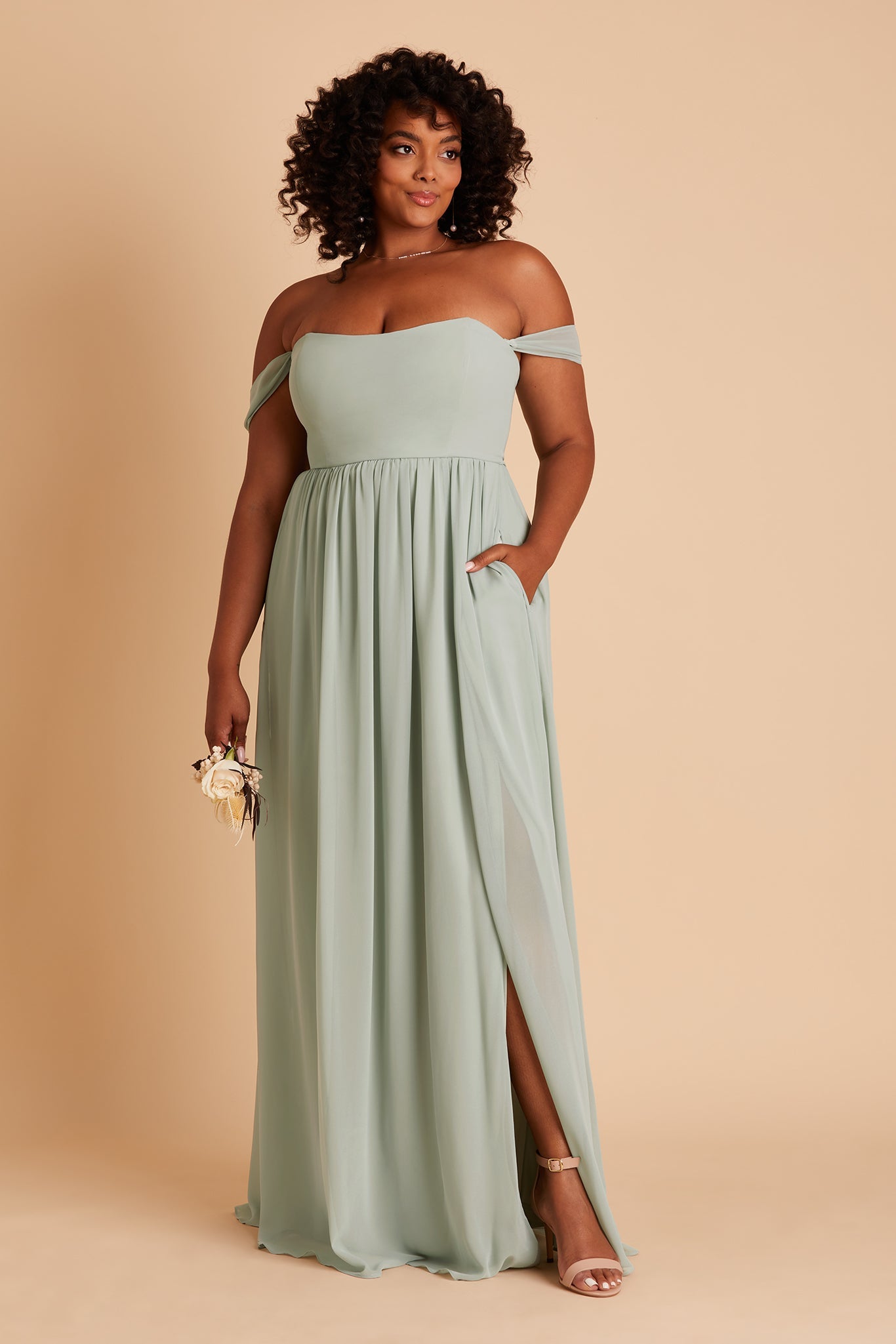 August plus size bridesmaid dress with slit in sage chiffon by Birdy Grey, front view