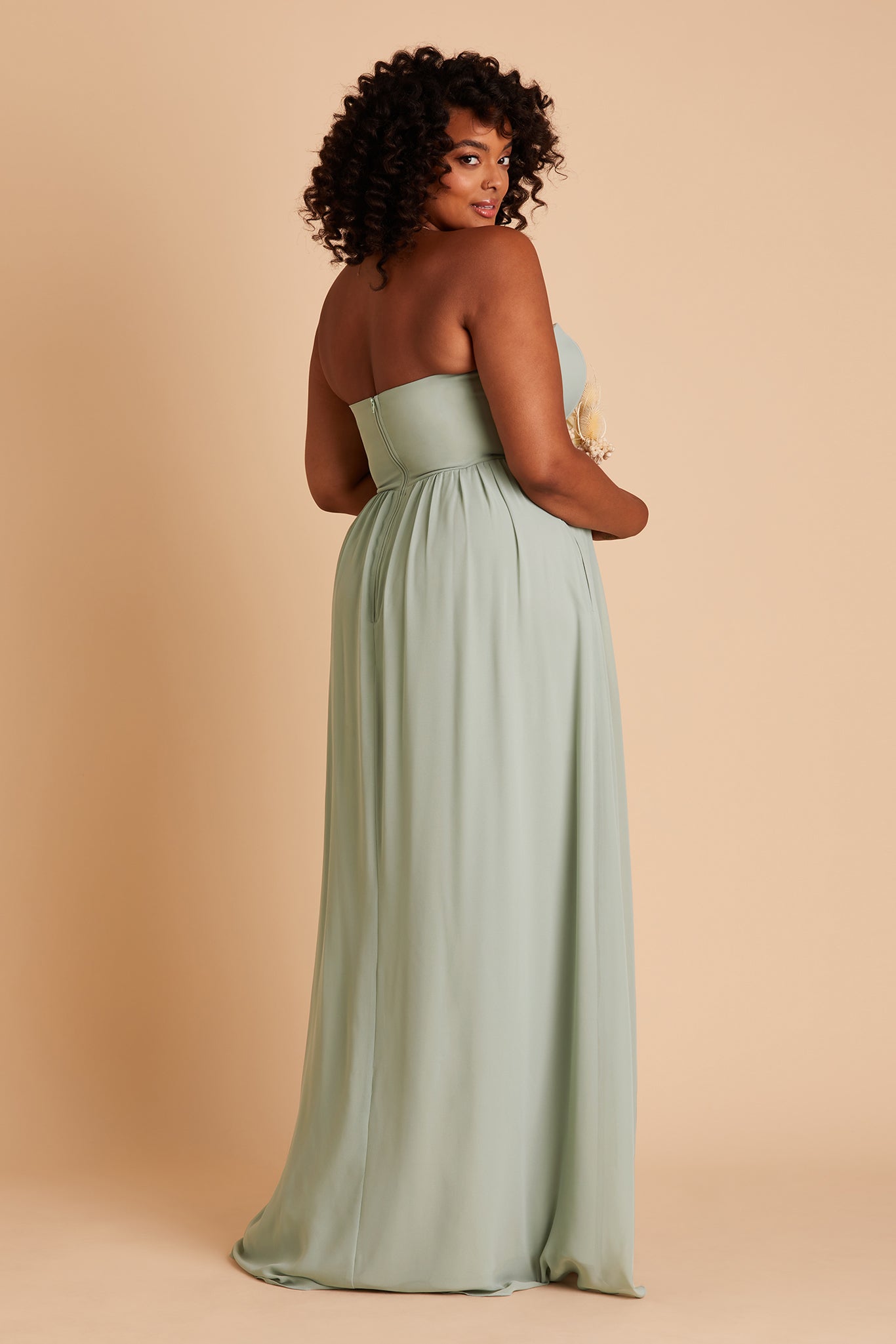 August plus size bridesmaid dress with slit in sage chiffon by Birdy Grey, back view