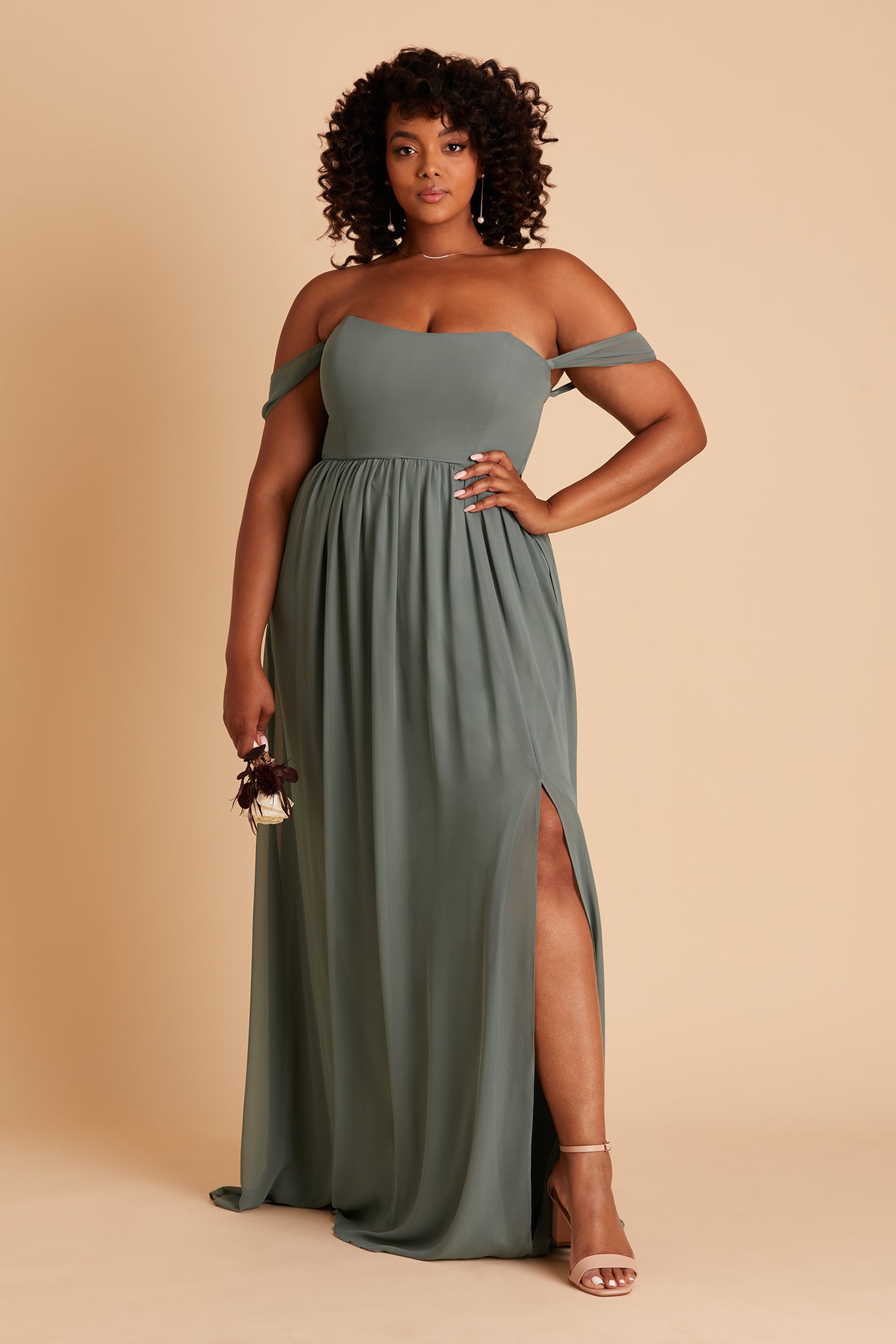 August plus size bridesmaid dress with slit in sea glass chiffon by Birdy Grey, front view