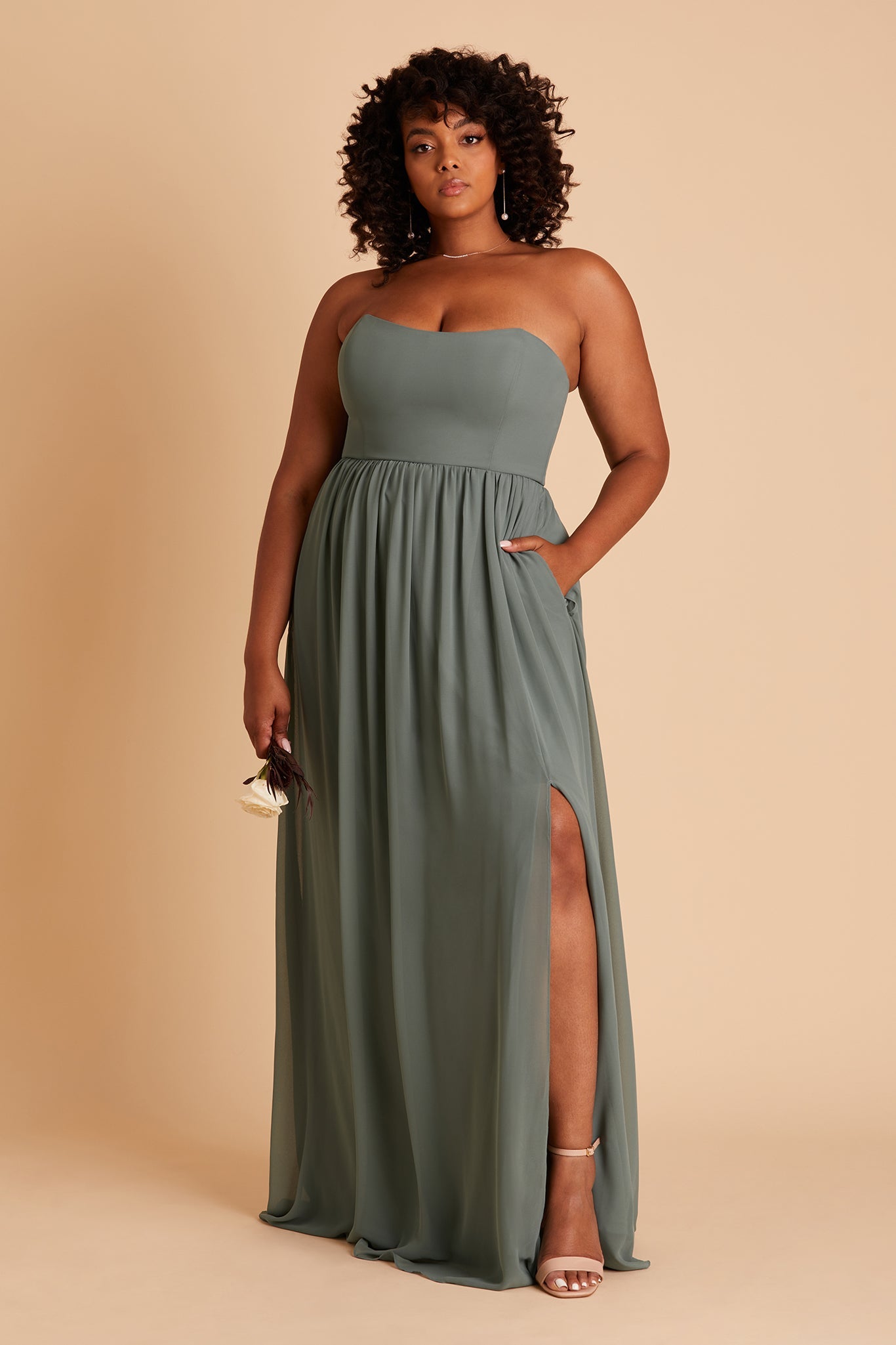 August plus size bridesmaid dress with slit in sea glass chiffon by Birdy Grey, front view