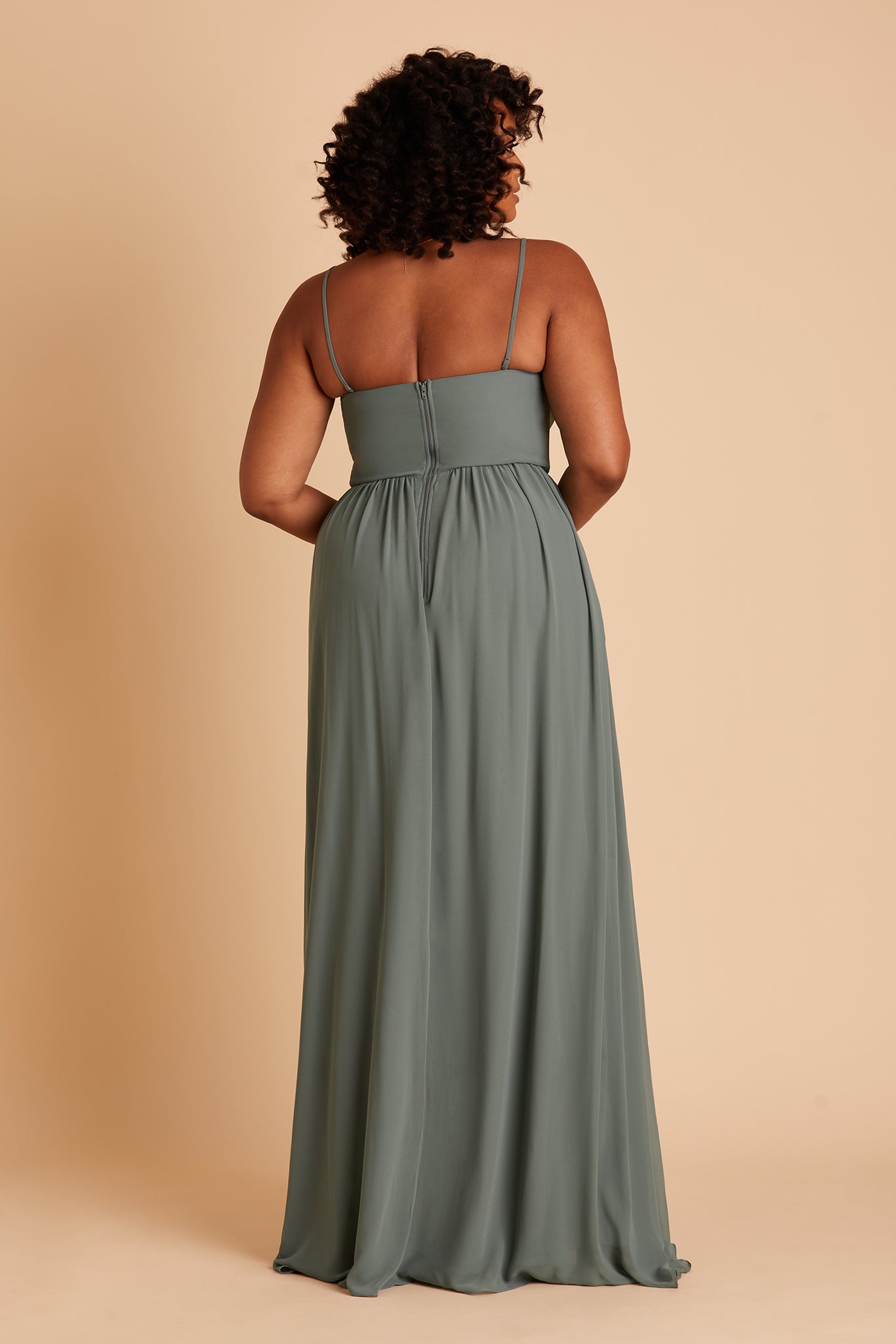 August plus size bridesmaid dress with slit in sea glass chiffon by Birdy Grey, back view