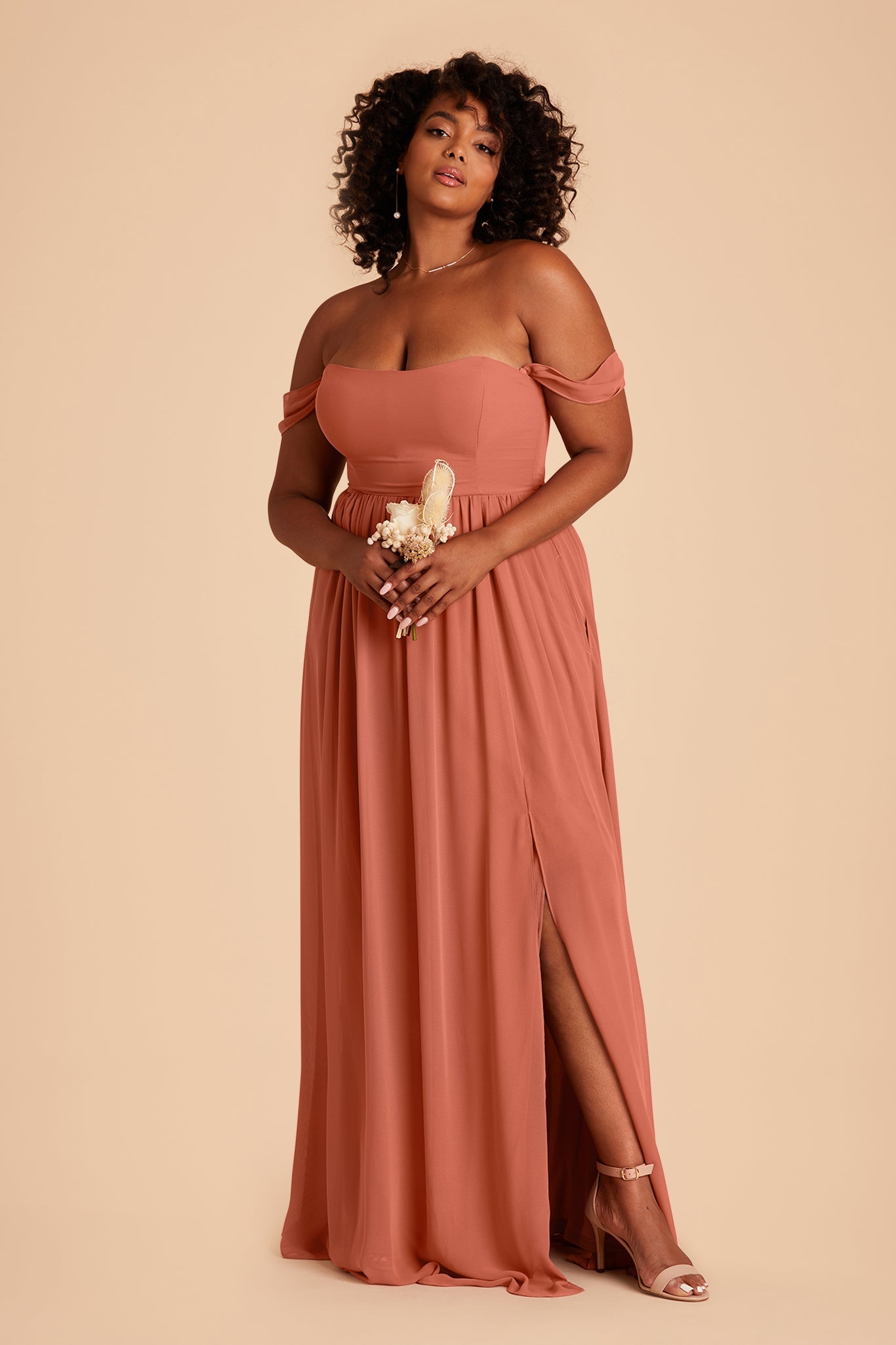 August plus size bridesmaid dress with slit in Terracotta chiffon by Birdy Grey, front view