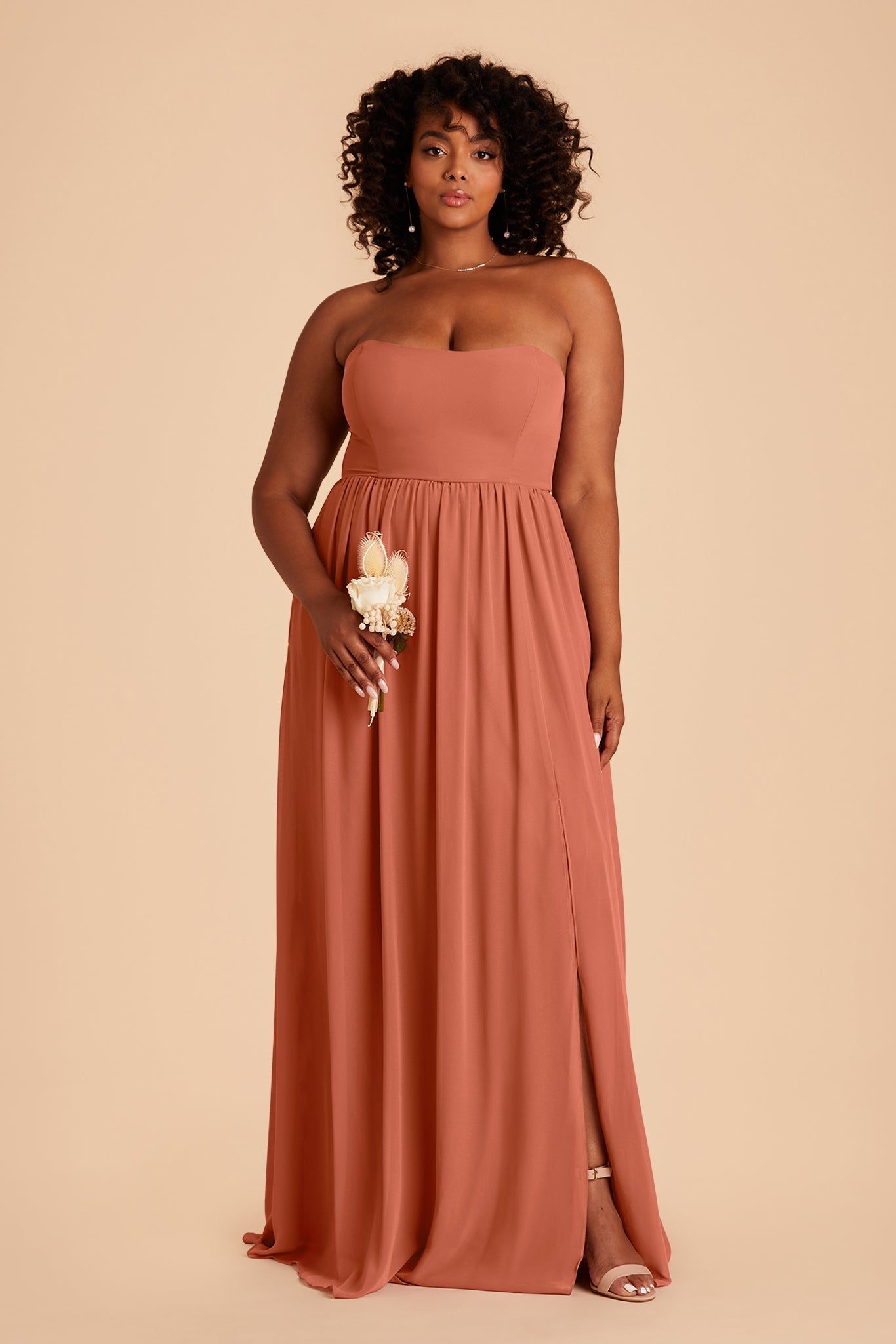 August plus size bridesmaid dress with slit in Terracotta chiffon by Birdy Grey, front view