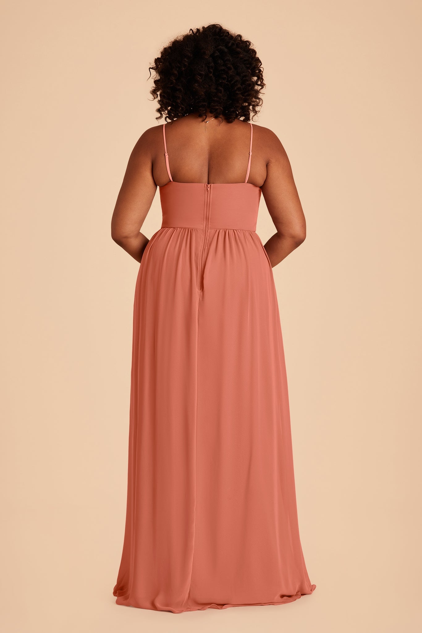August plus size bridesmaid dress with slit in Terracotta chiffon by Birdy Grey, back view