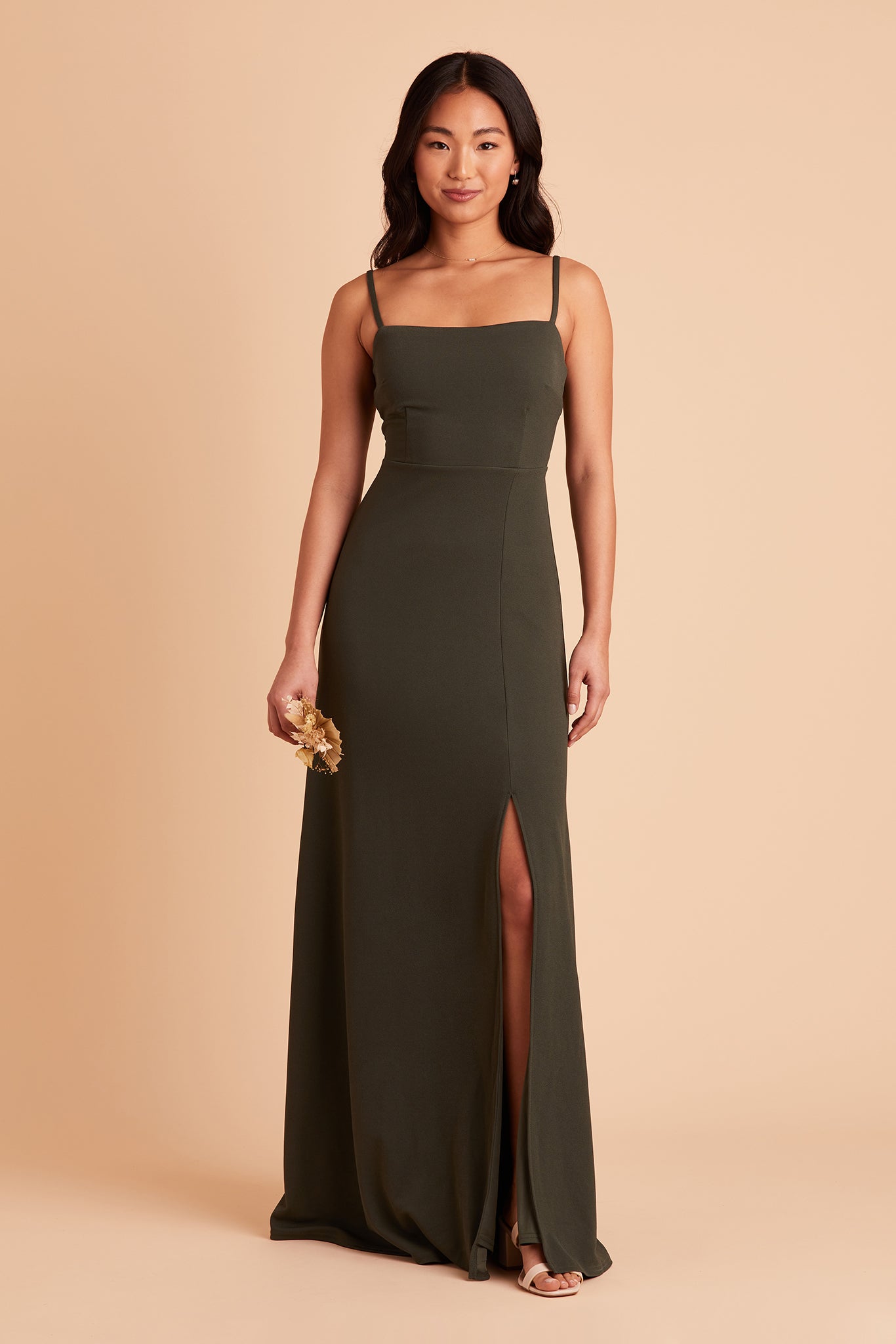 Benny bridesmaid dress in olive crepe by Birdy Grey, front view