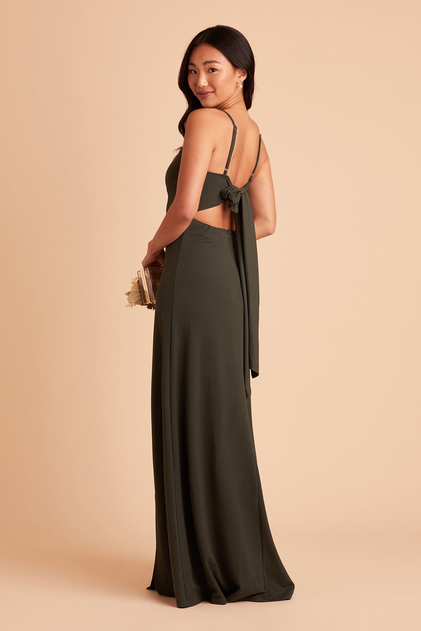 Benny bridesmaid dress in olive crepe by Birdy Grey, side view