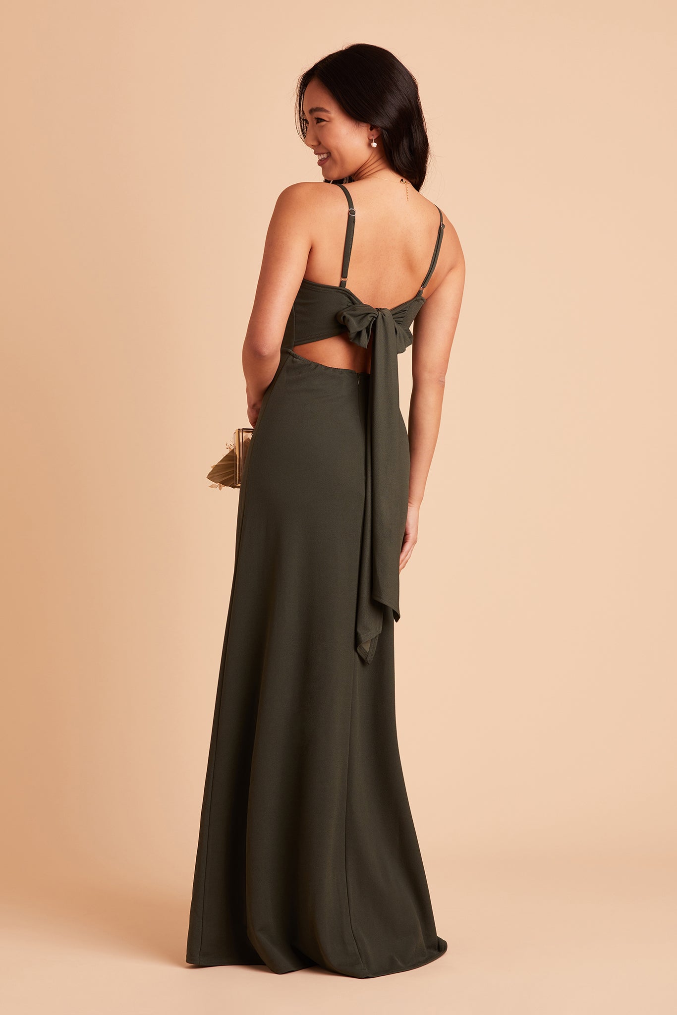 Benny bridesmaid dress in olive crepe by Birdy Grey, back view