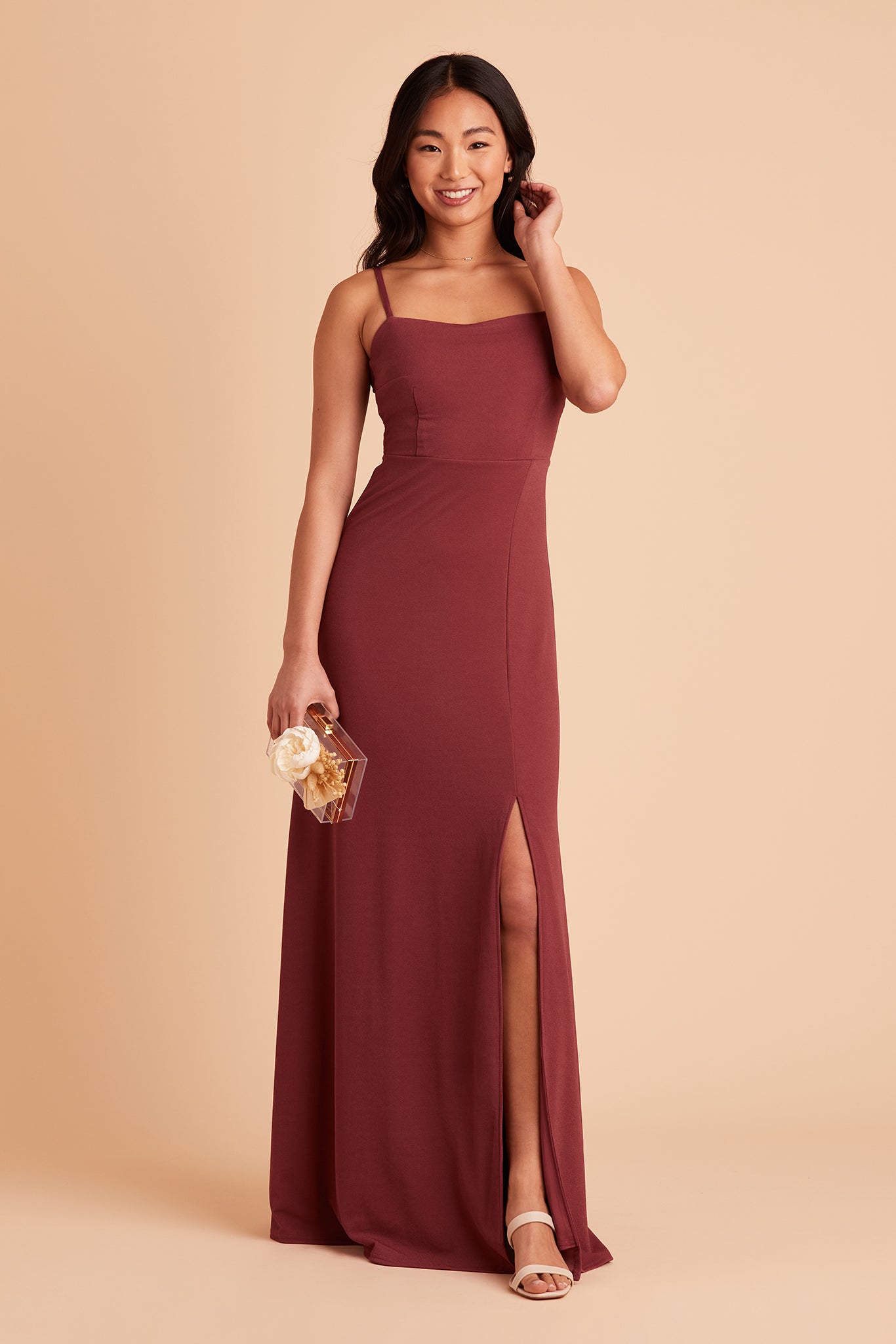 Benny bridesmaid dress in rosewood crepe by Birdy Grey, front view