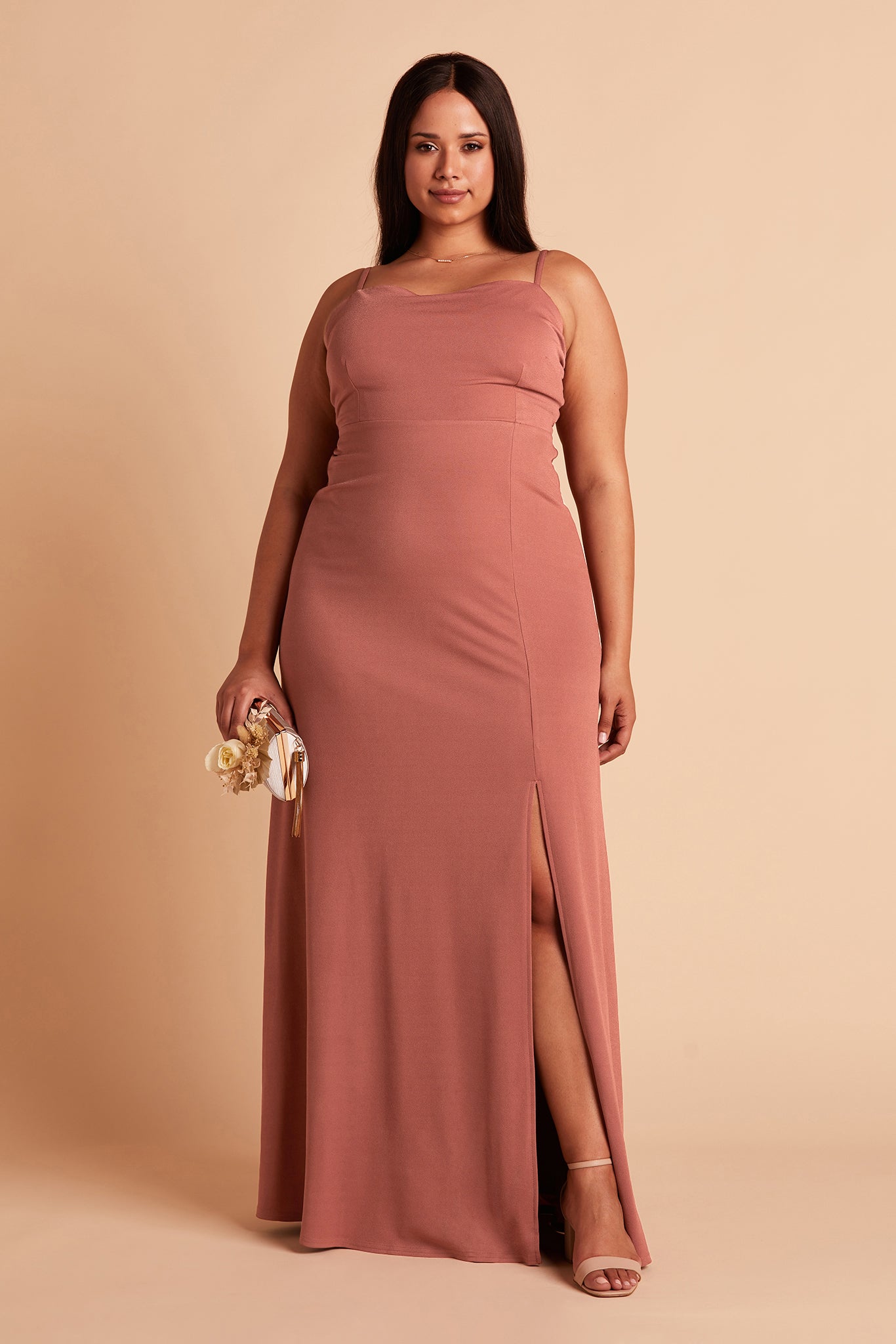 Benny plus size bridesmaid dress with slit in desert rose crepe by Birdy Grey, front view