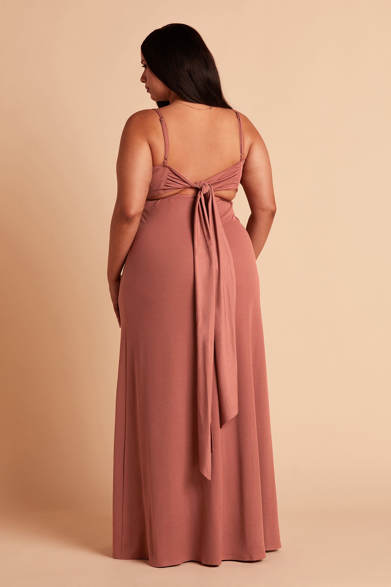 Benny plus size bridesmaid dress with slit in desert rose crepe by Birdy Grey, back view
