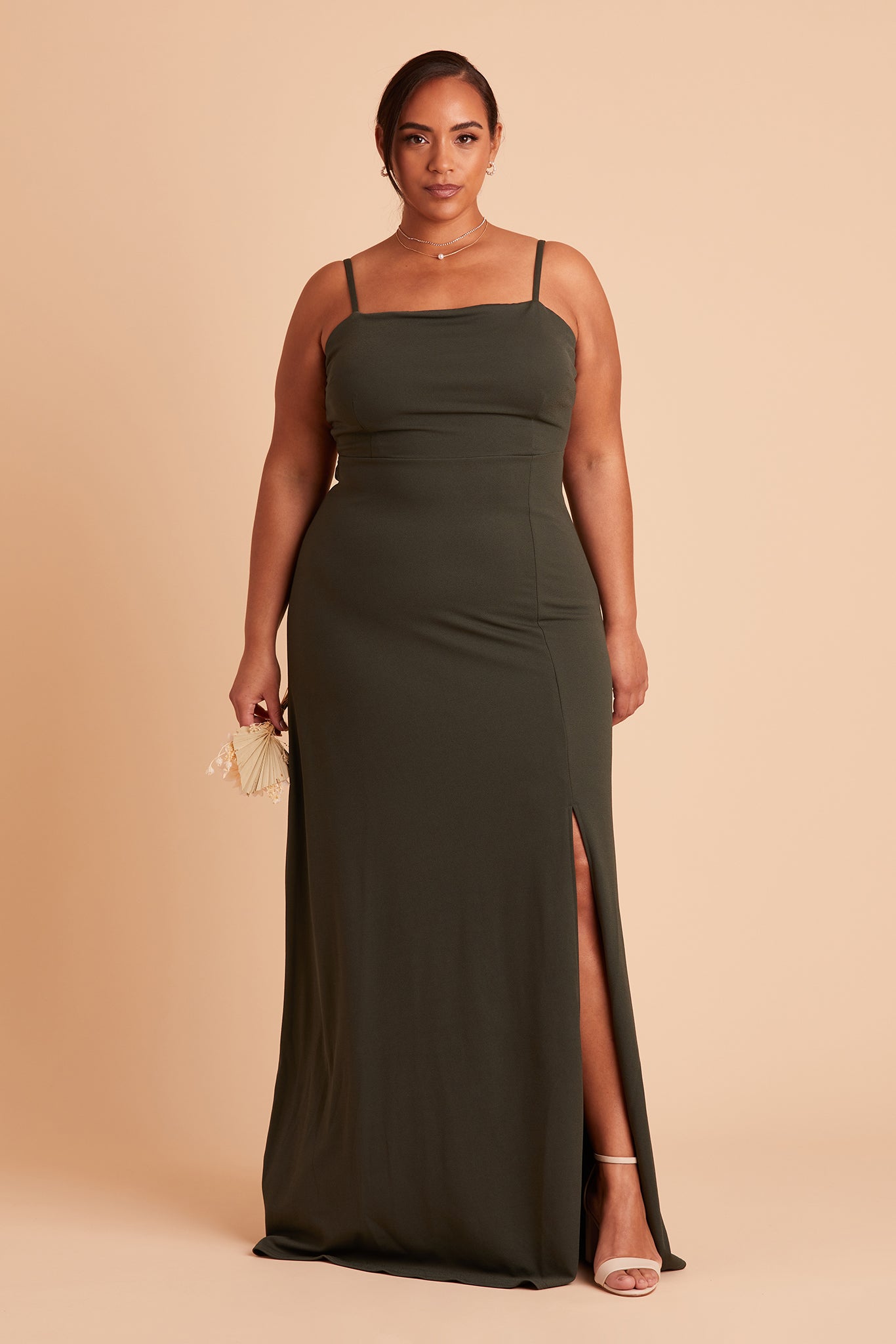 Benny plus size bridesmaid dress with slit in olive crepe by Birdy Grey, front view