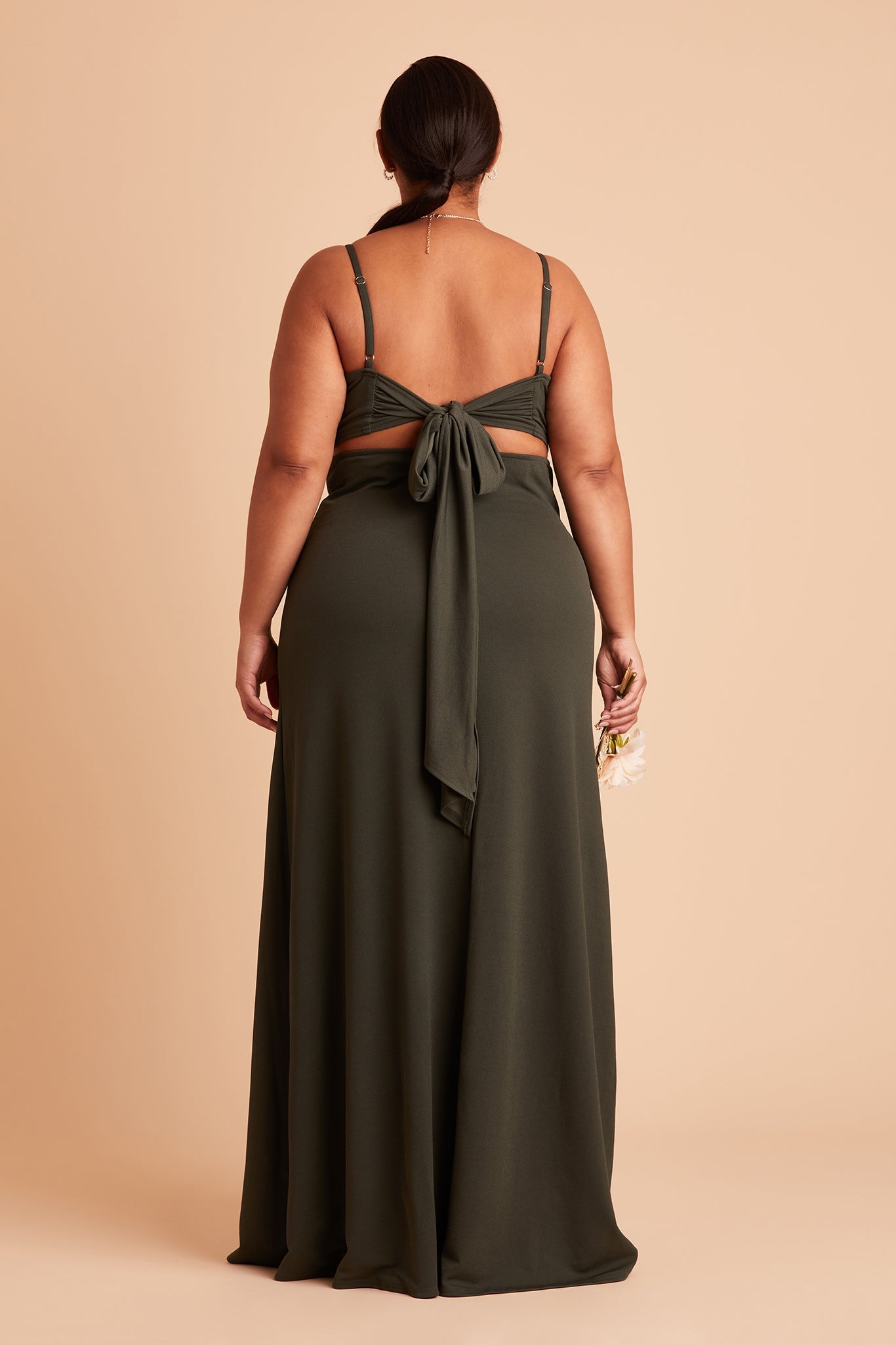 Benny plus size bridesmaid dress with slit in olive crepe by Birdy Grey, back view