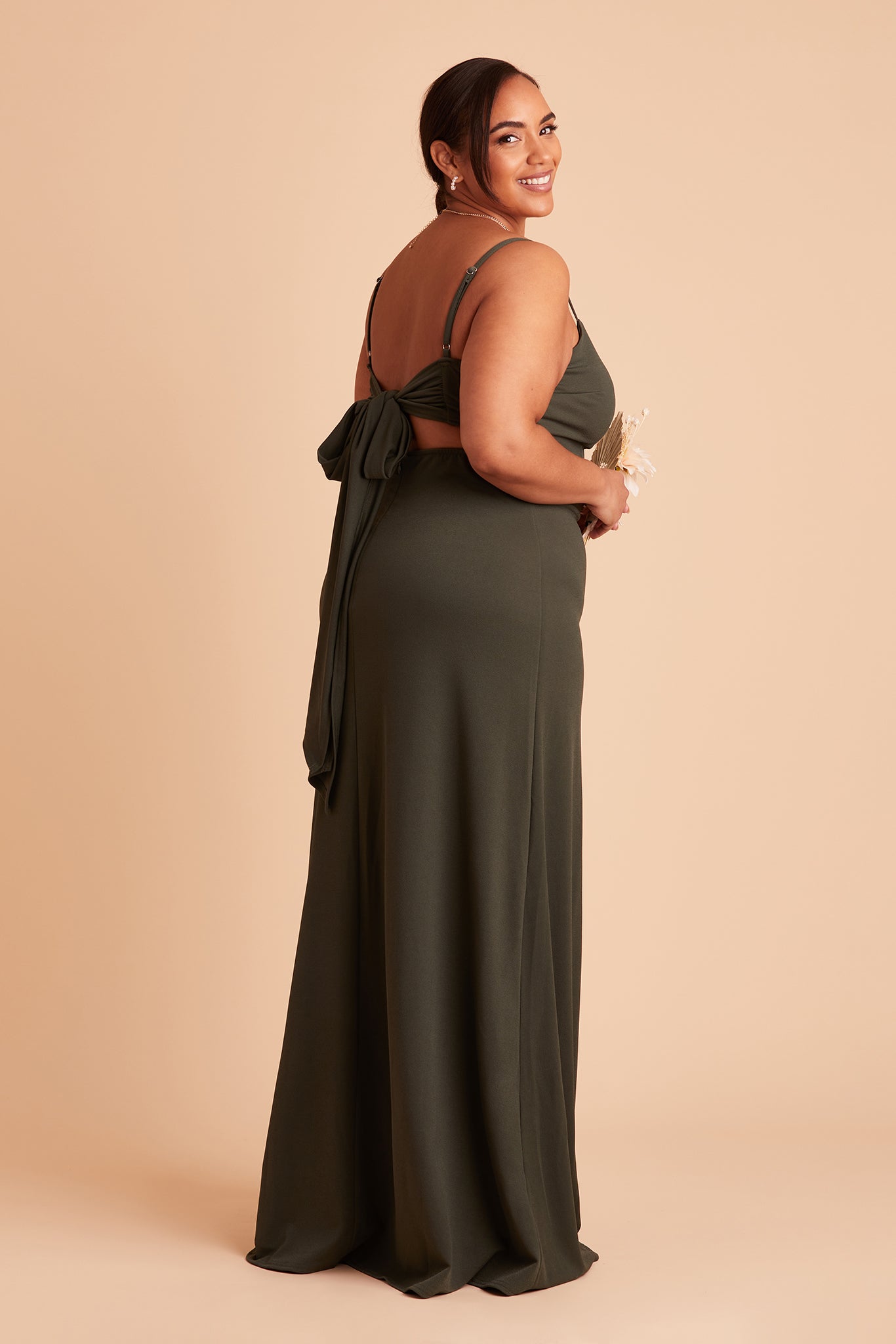 Benny plus size bridesmaid dress with slit in olive crepe by Birdy Grey, side view