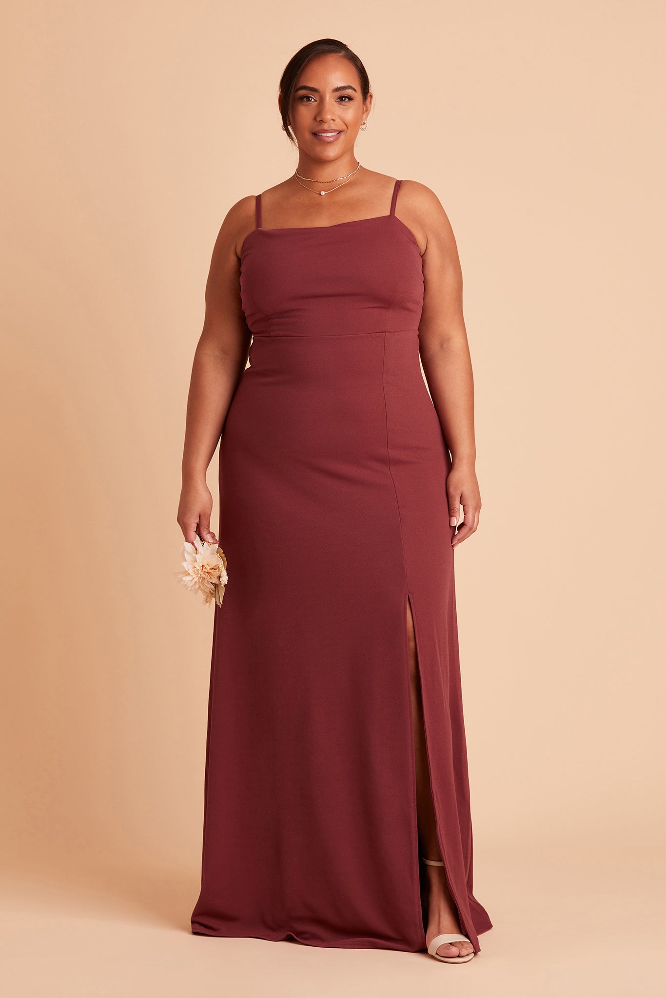 Benny plus size bridesmaid dress with slit in rosewood crepe by Birdy Grey, front view
