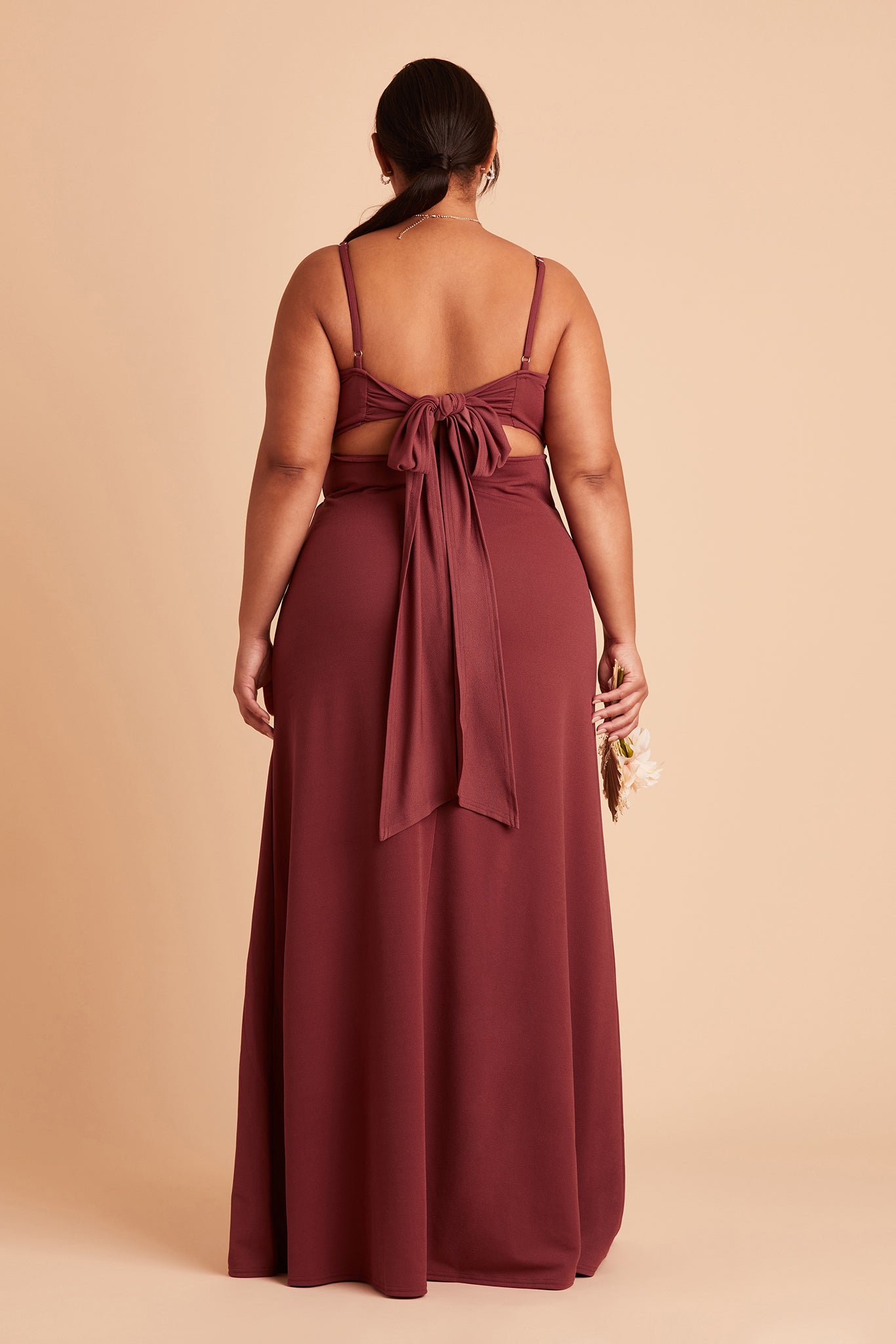 Benny plus size bridesmaid dress with slit in rosewood crepe by Birdy Grey, back view