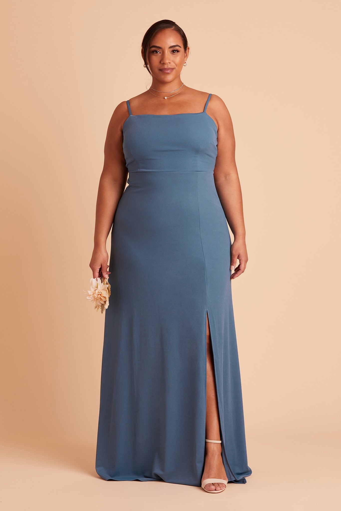 Benny plus size bridesmaid dress with slit in twilight crepe by Birdy Grey, front view