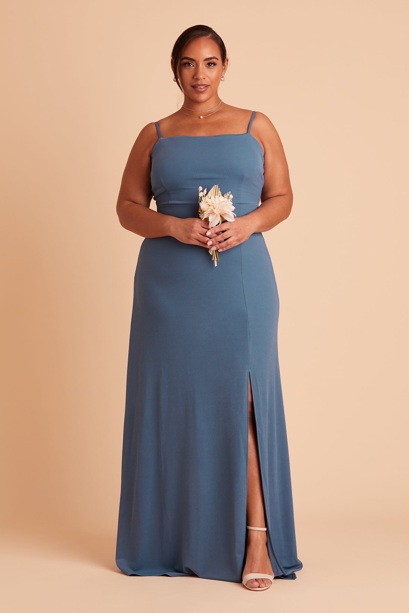 Benny plus size bridesmaid dress with slit in twilight crepe by Birdy Grey, front view