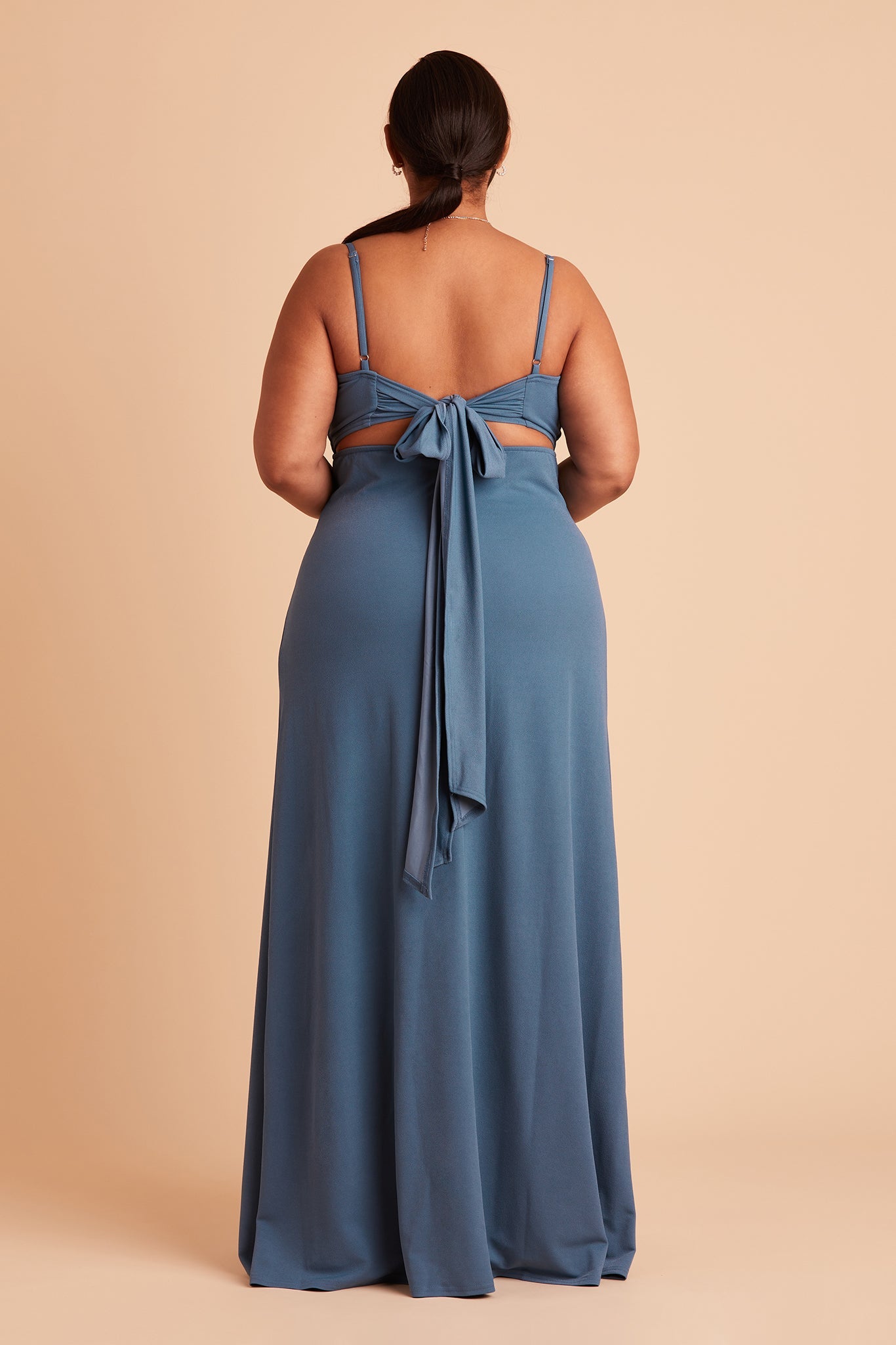 Benny plus size bridesmaid dress with slit in twilight crepe by Birdy Grey, back view