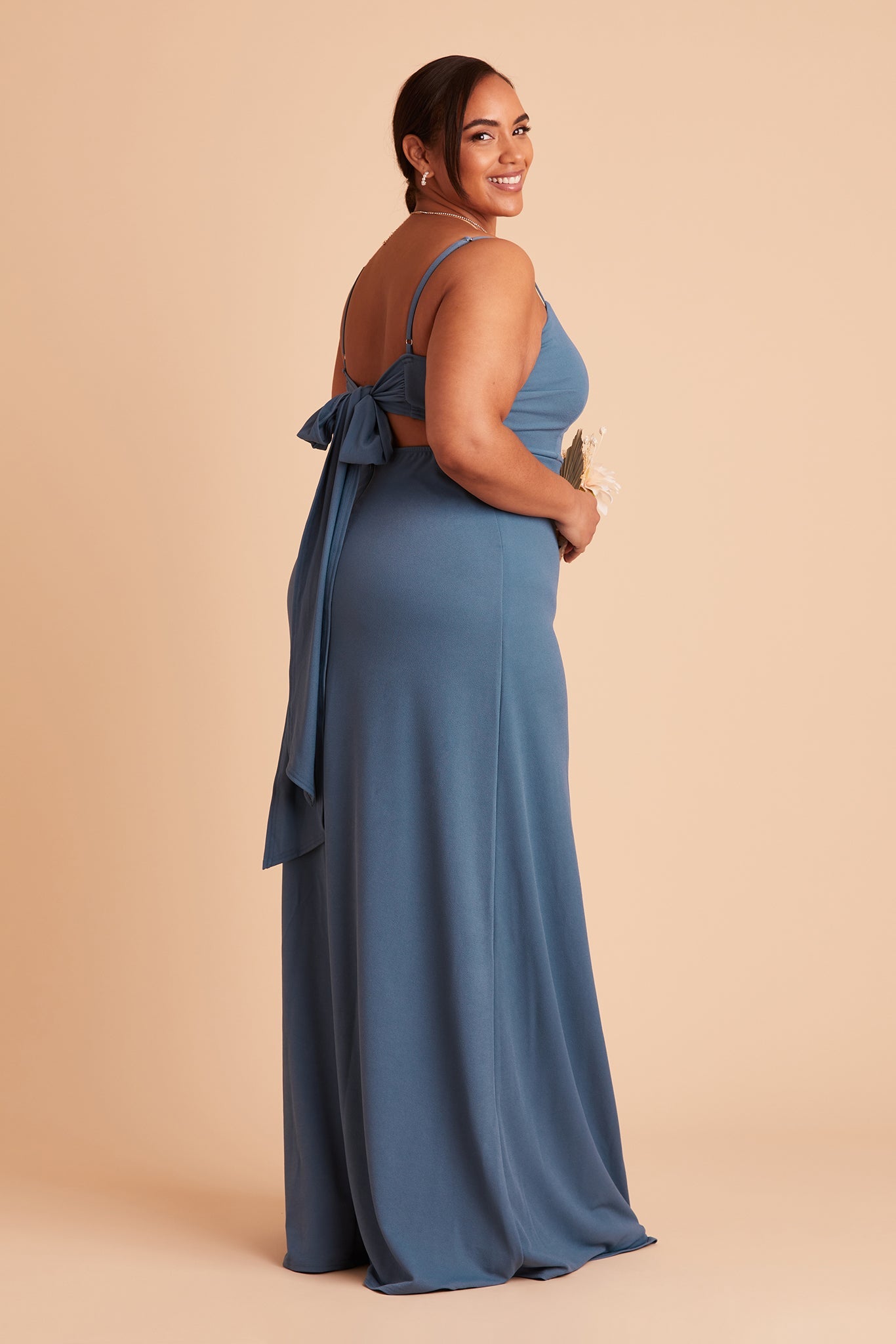 Benny plus size bridesmaid dress with slit in twilight crepe by Birdy Grey, side view