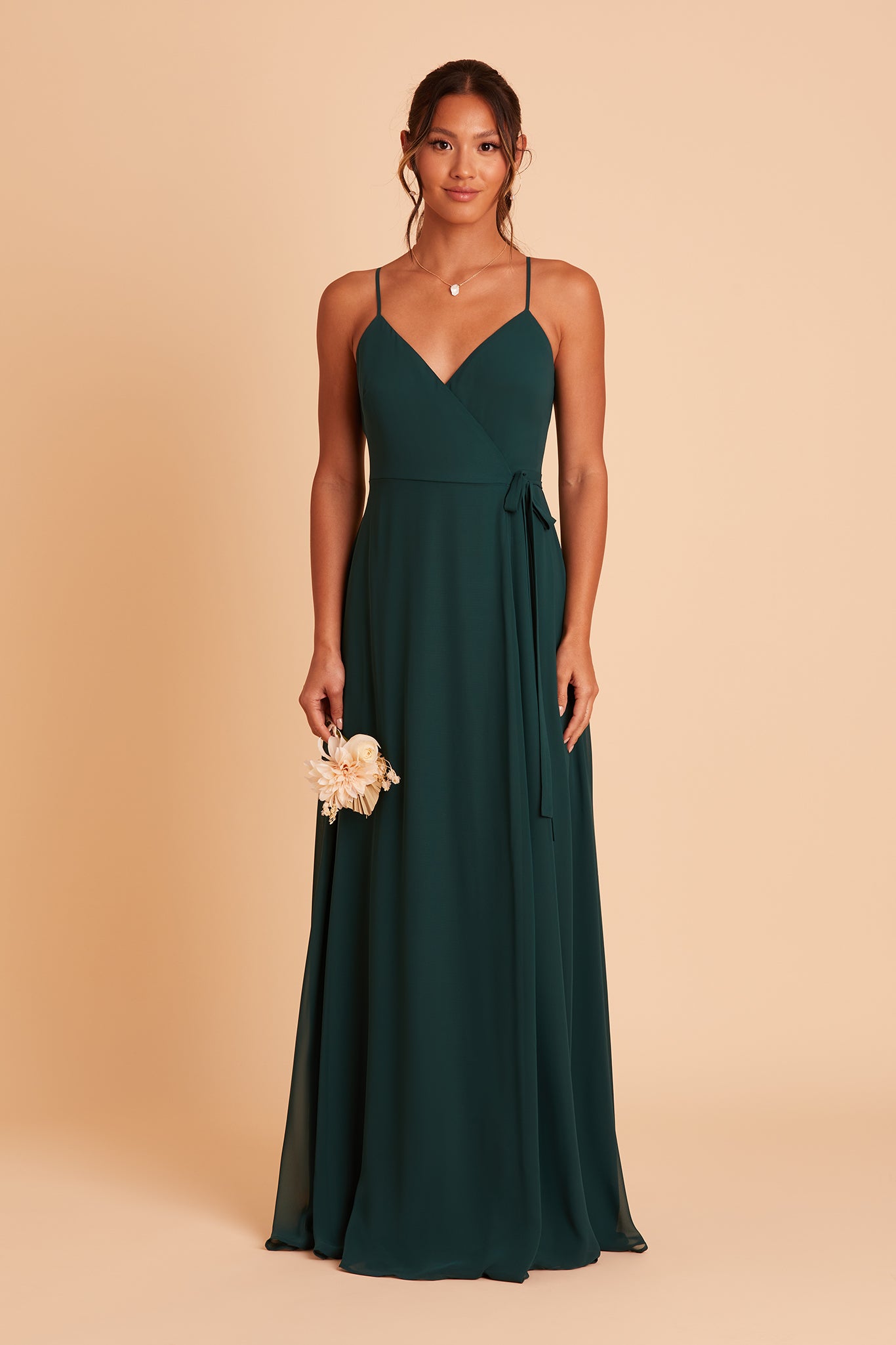 Cindy bridesmaid dress with slit in emerald chiffon by Birdy Grey, front view