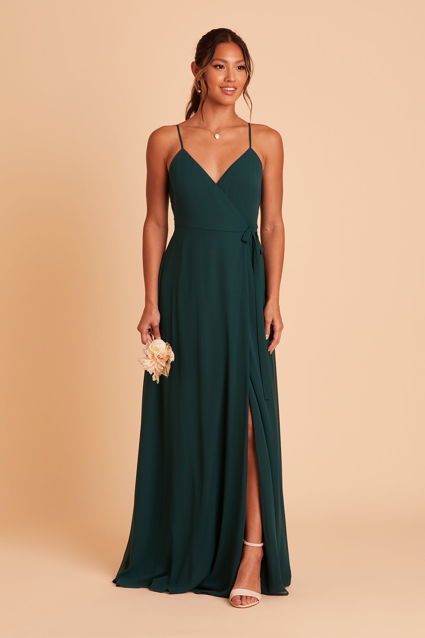 Cindy bridesmaid dress with slit in emerald chiffon by Birdy Grey, front view