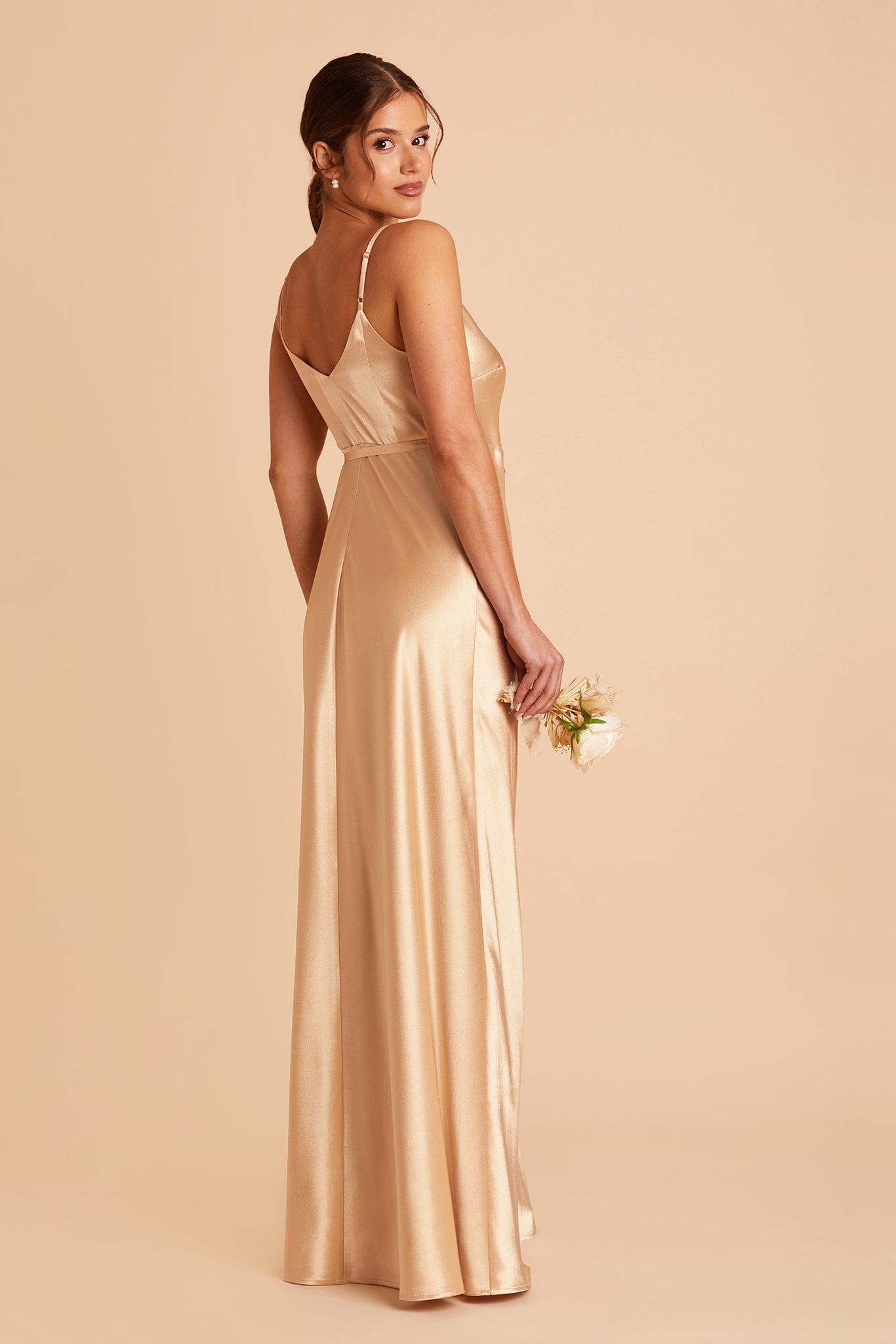 Cindy Satin Dress in gold satin by Birdy Grey, front view