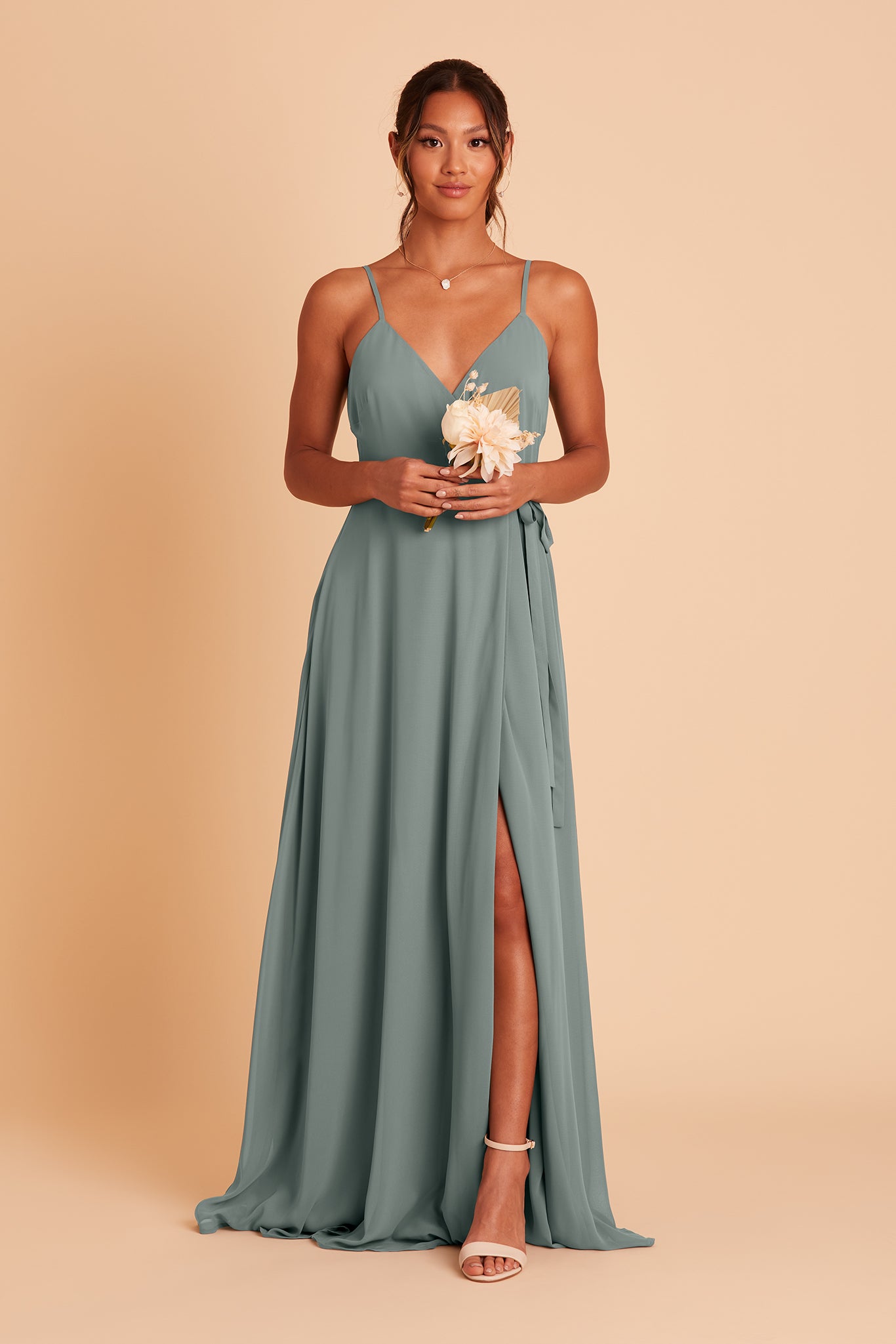 Cindy bridesmaid dress with slit in sea glass chiffon by Birdy Grey, front view