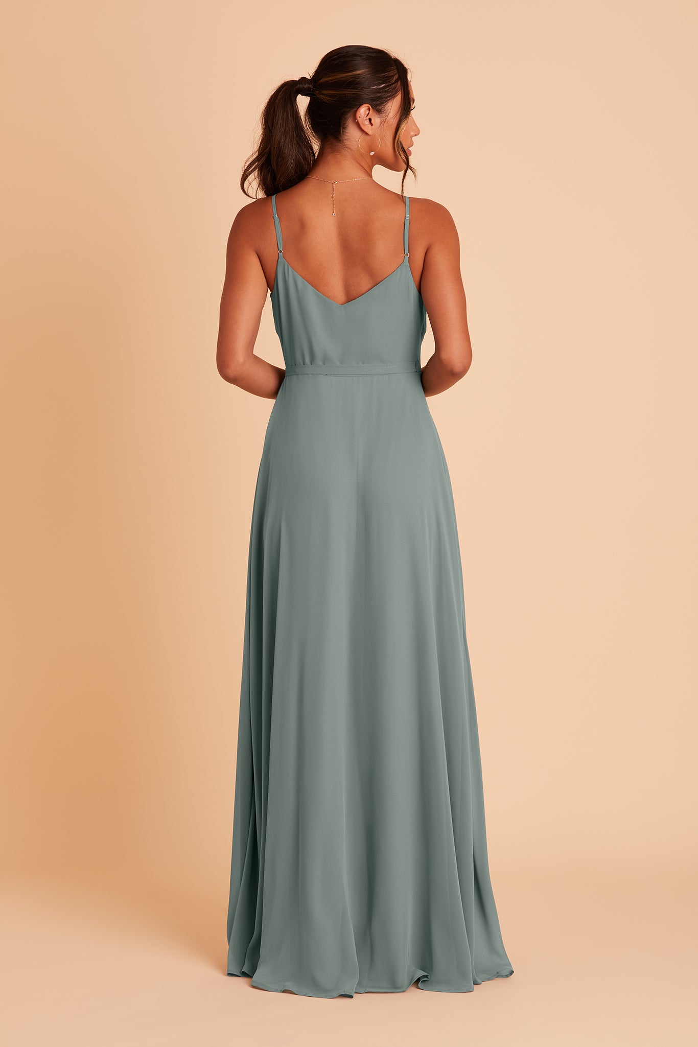 Cindy bridesmaid dress with slit in sea glass chiffon by Birdy Grey, back view