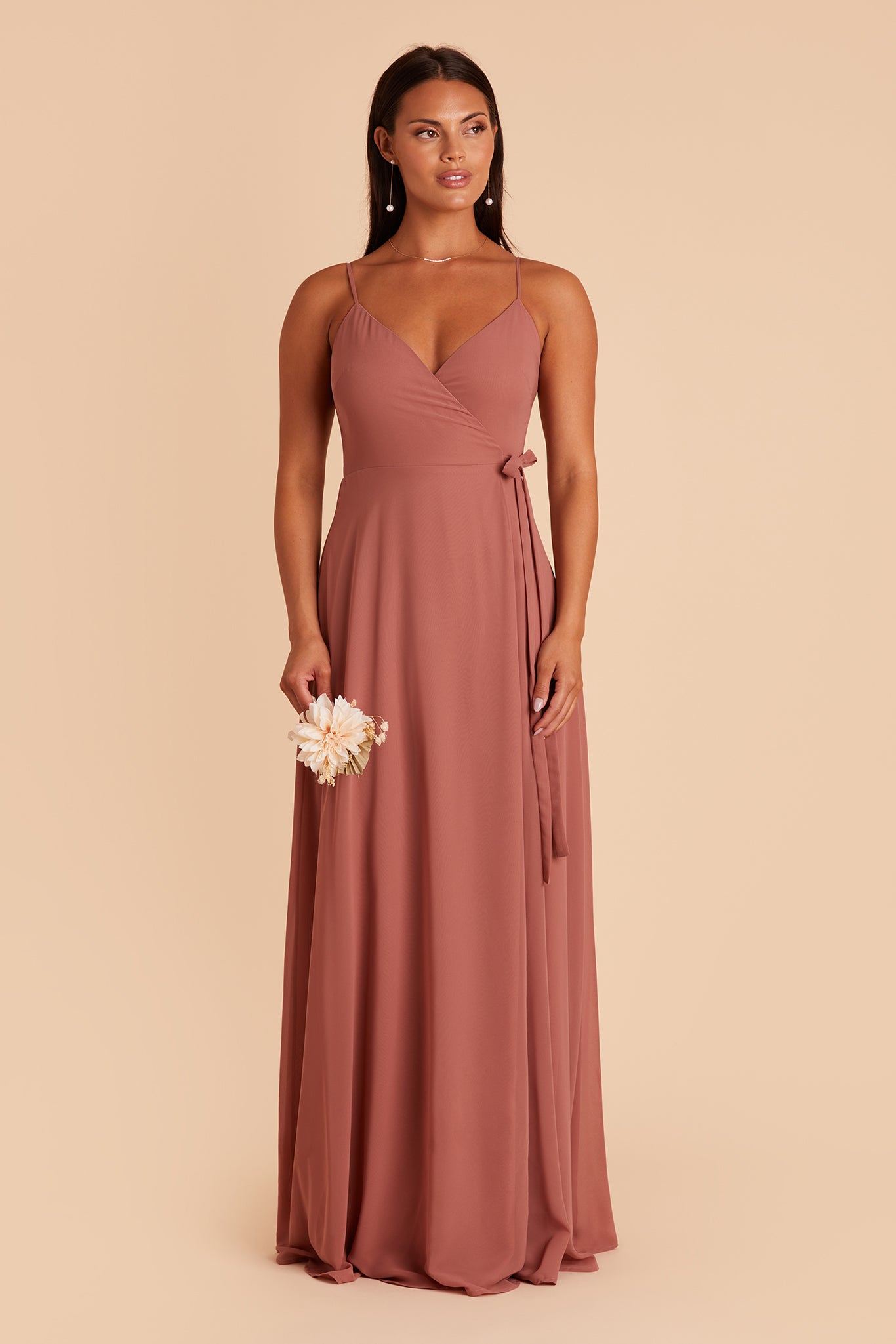 Cindy bridesmaid dress with slit in desert rose chiffon by Birdy Grey, front view