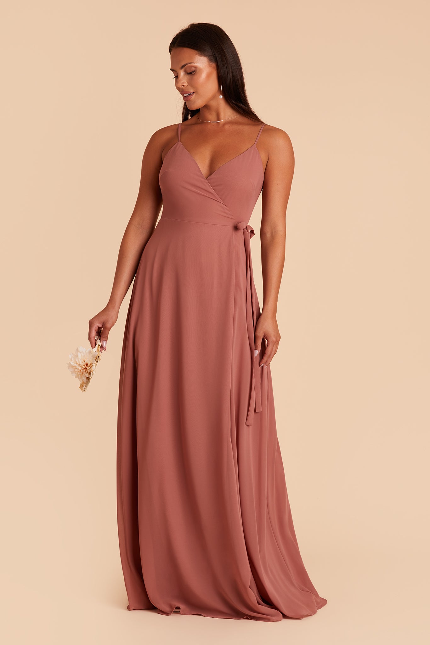 Cindy bridesmaid dress with slit in desert rose chiffon by Birdy Grey, front view