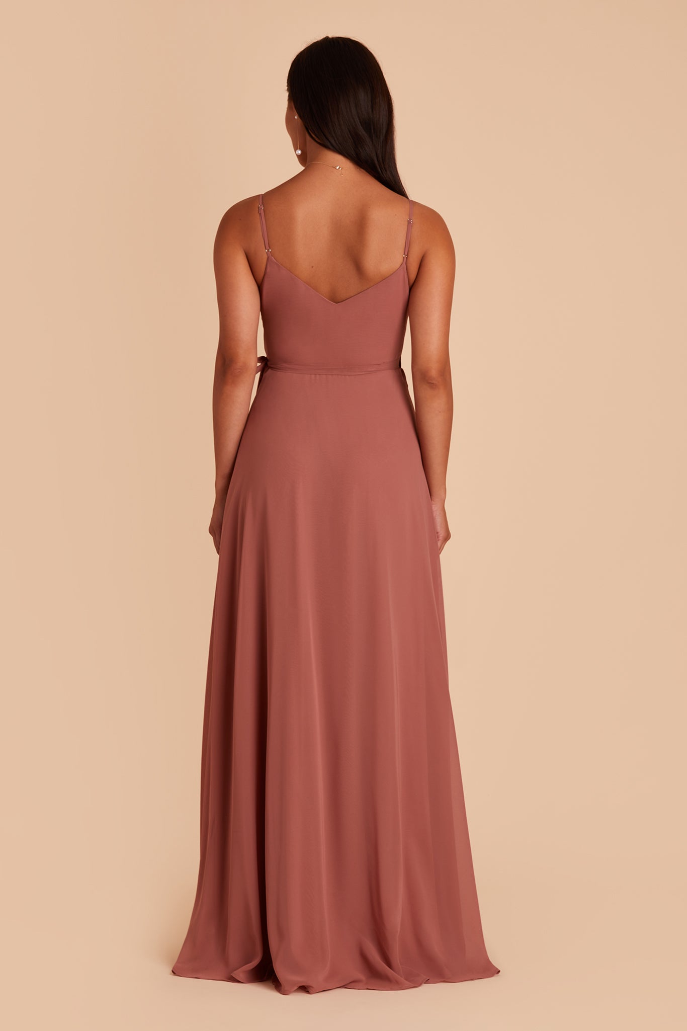 Cindy bridesmaid dress with slit in desert rose chiffon by Birdy Grey, back view