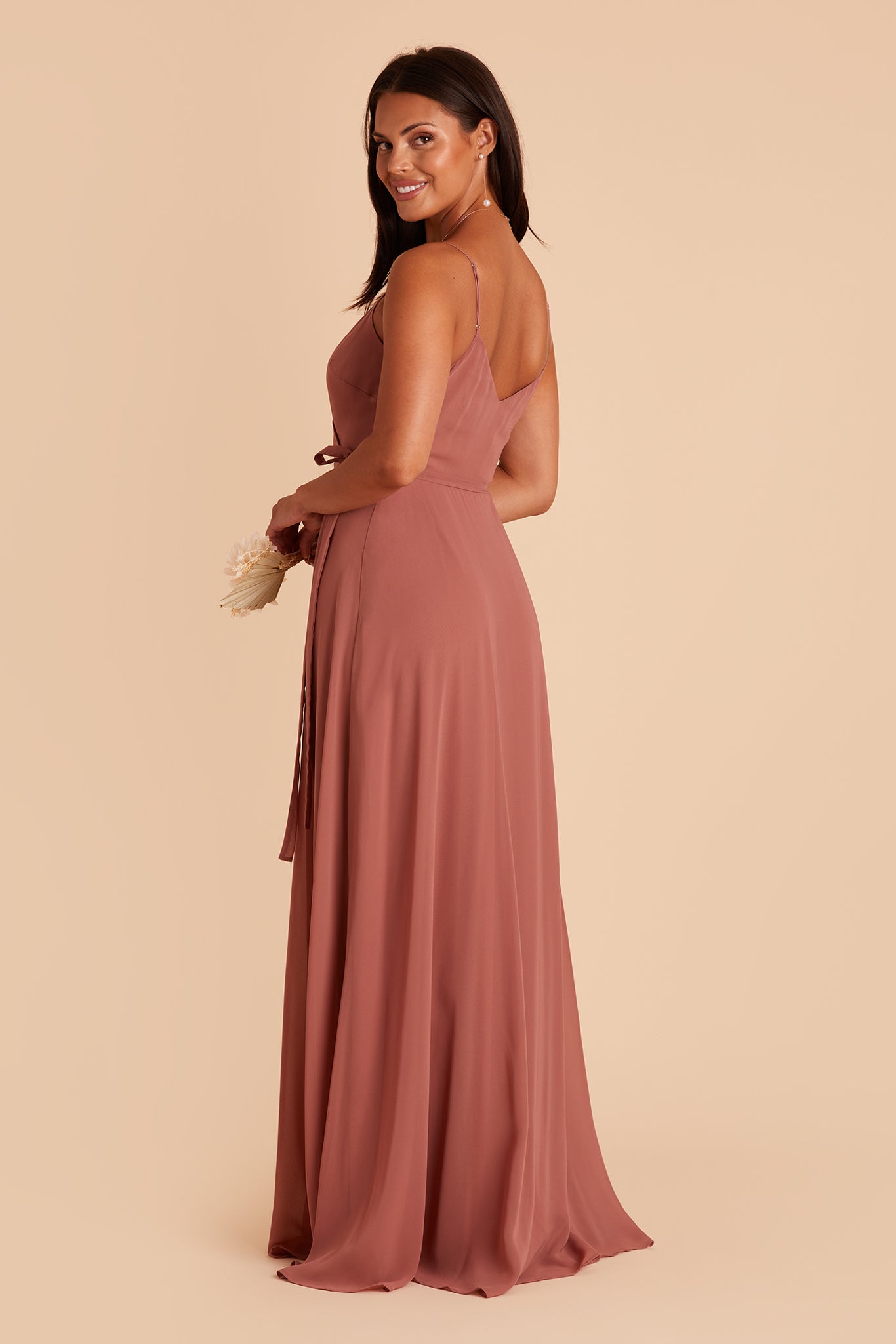 Cindy bridesmaid dress with slit in desert rose chiffon by Birdy Grey, side view
