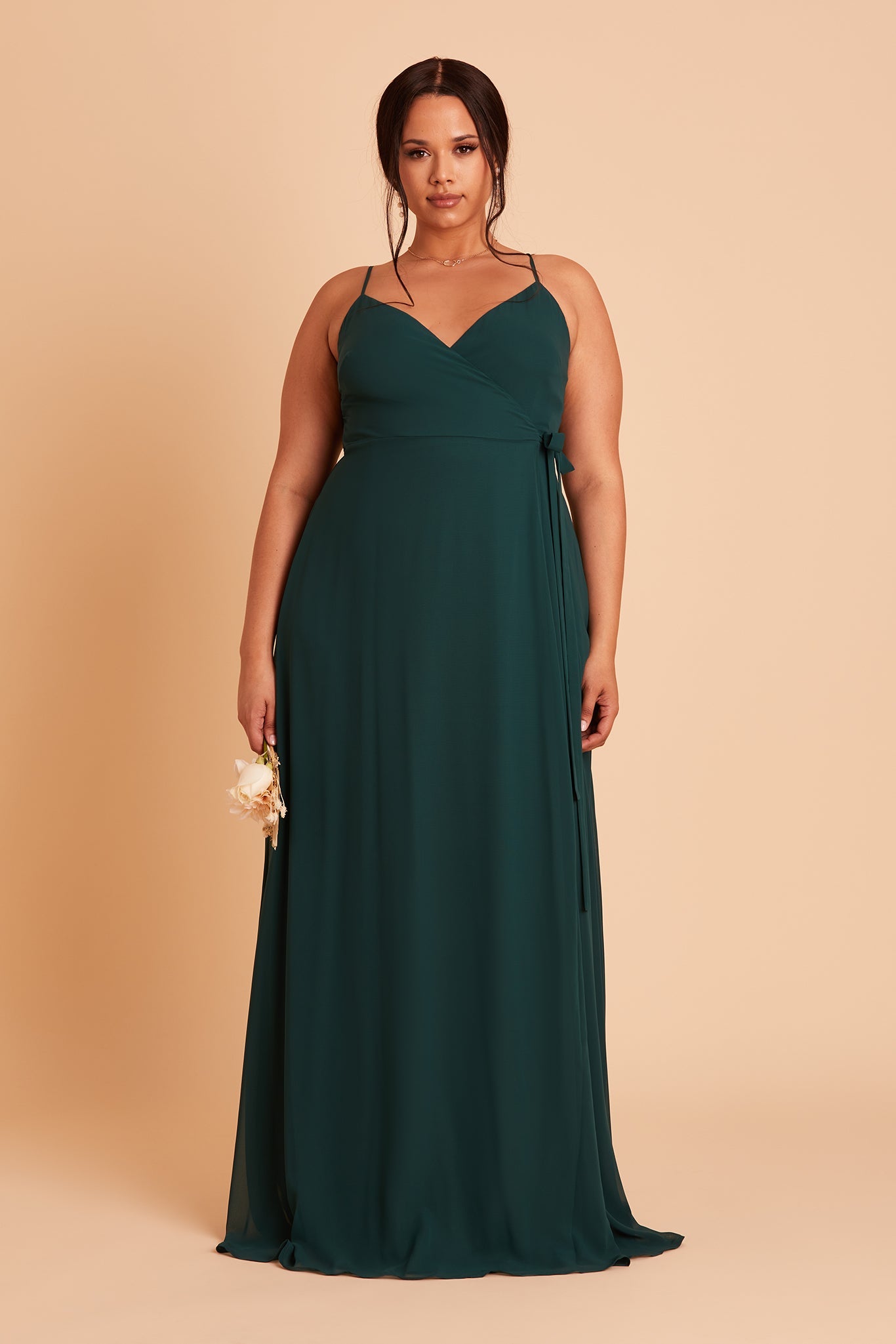 Cindy plus size bridesmaid dress with slit in emerald chiffon by Birdy Grey, front view
