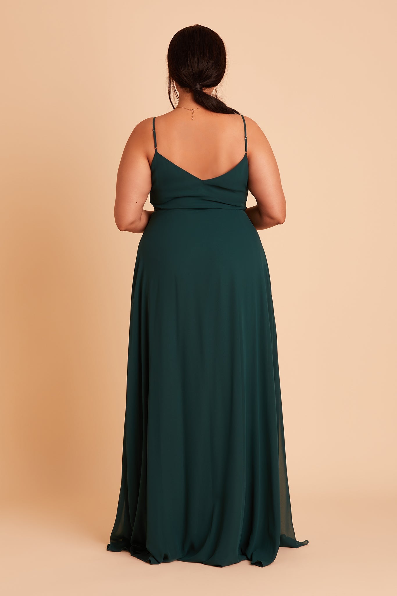 Cindy plus size bridesmaid dress with slit in emerald chiffon by Birdy Grey, back view