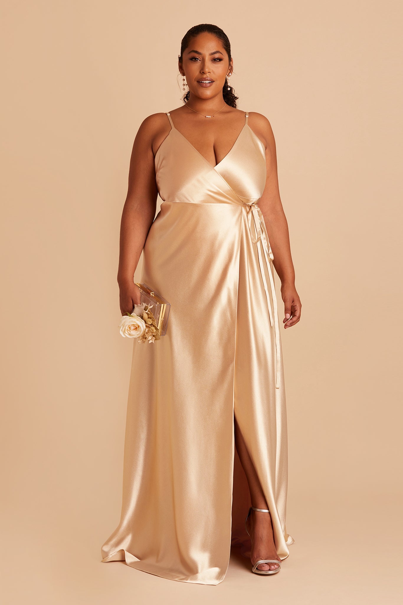Cindy Satin Dress Curve dress in gold satin by Birdy Grey, front view