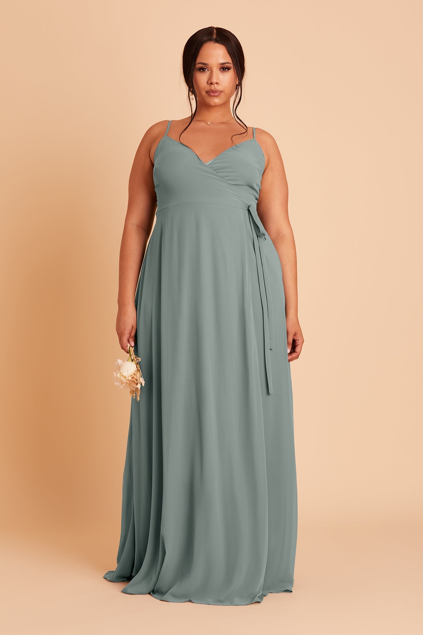Cindy plus size bridesmaid dress with slit in sea glass chiffon by Birdy Grey, front view